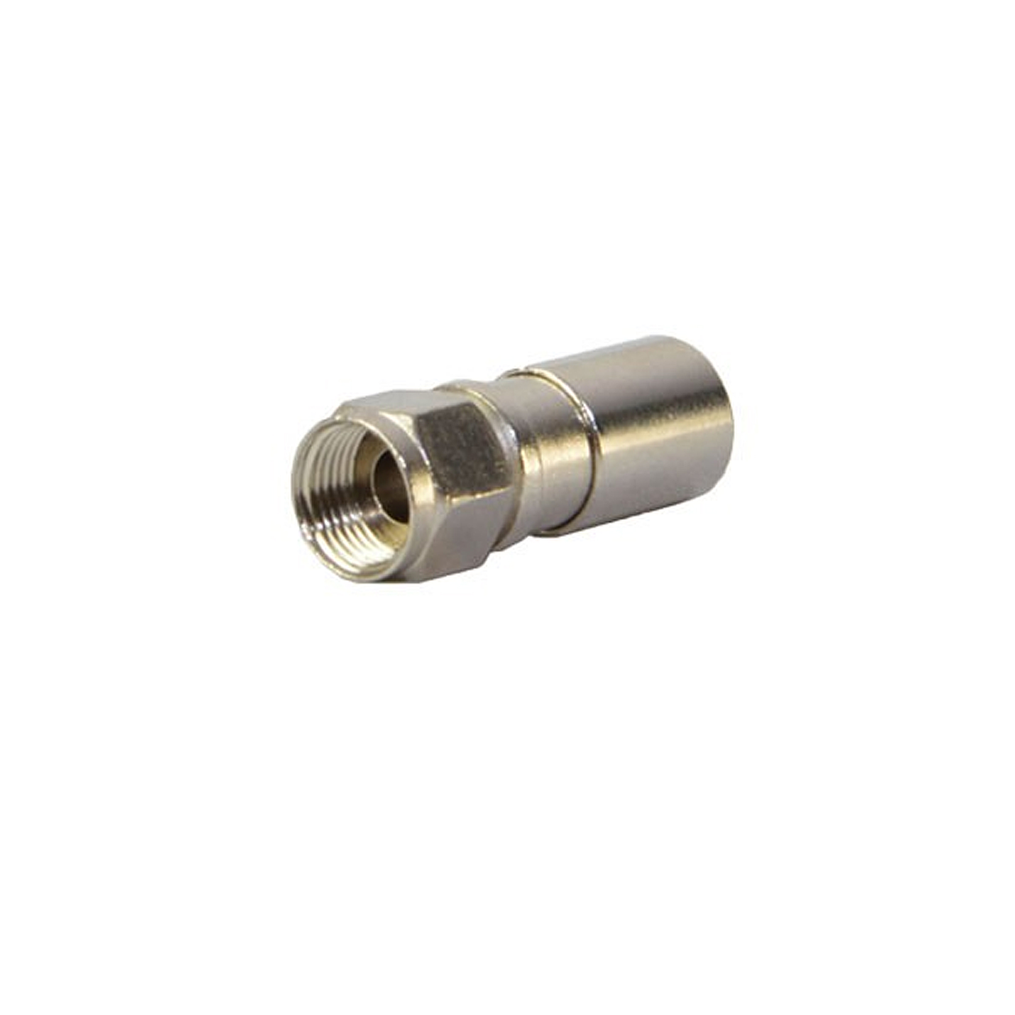 Silberner Metall-F-Stecker auf weißem Hintergrund.