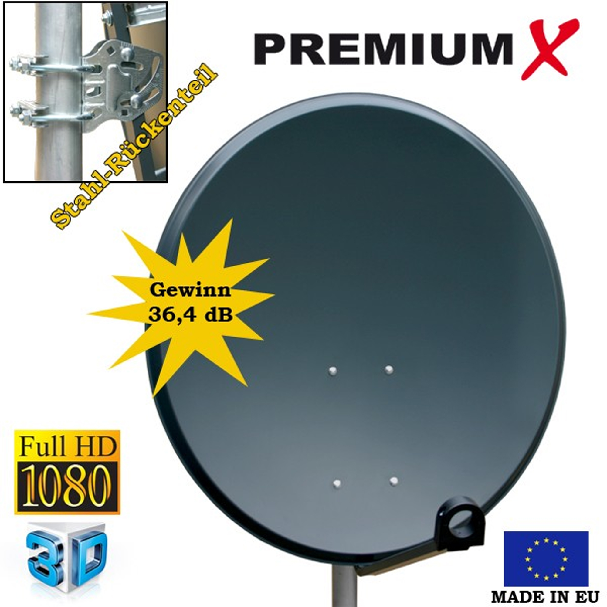 Satellitenschüssel mit Text und Grafiken. Enthält EU-Flagge.