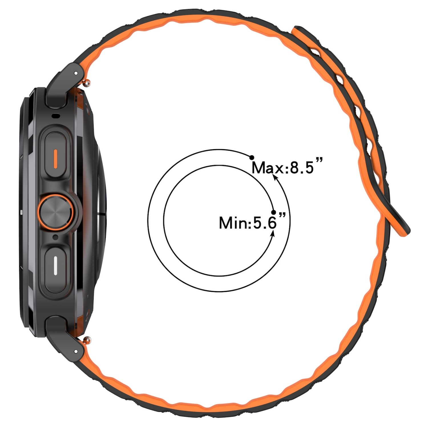 Smartwatch mit schwarzem Gehäuse und orangefarbenem Armband, mit Handgelenkumfang-Messungen.