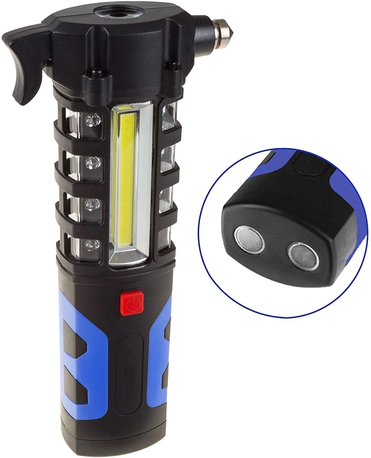 Ein schwarz-blaues Notfall-Multitool mit Lampe und Hammer. Es gibt eine Nahaufnahme der Seite.