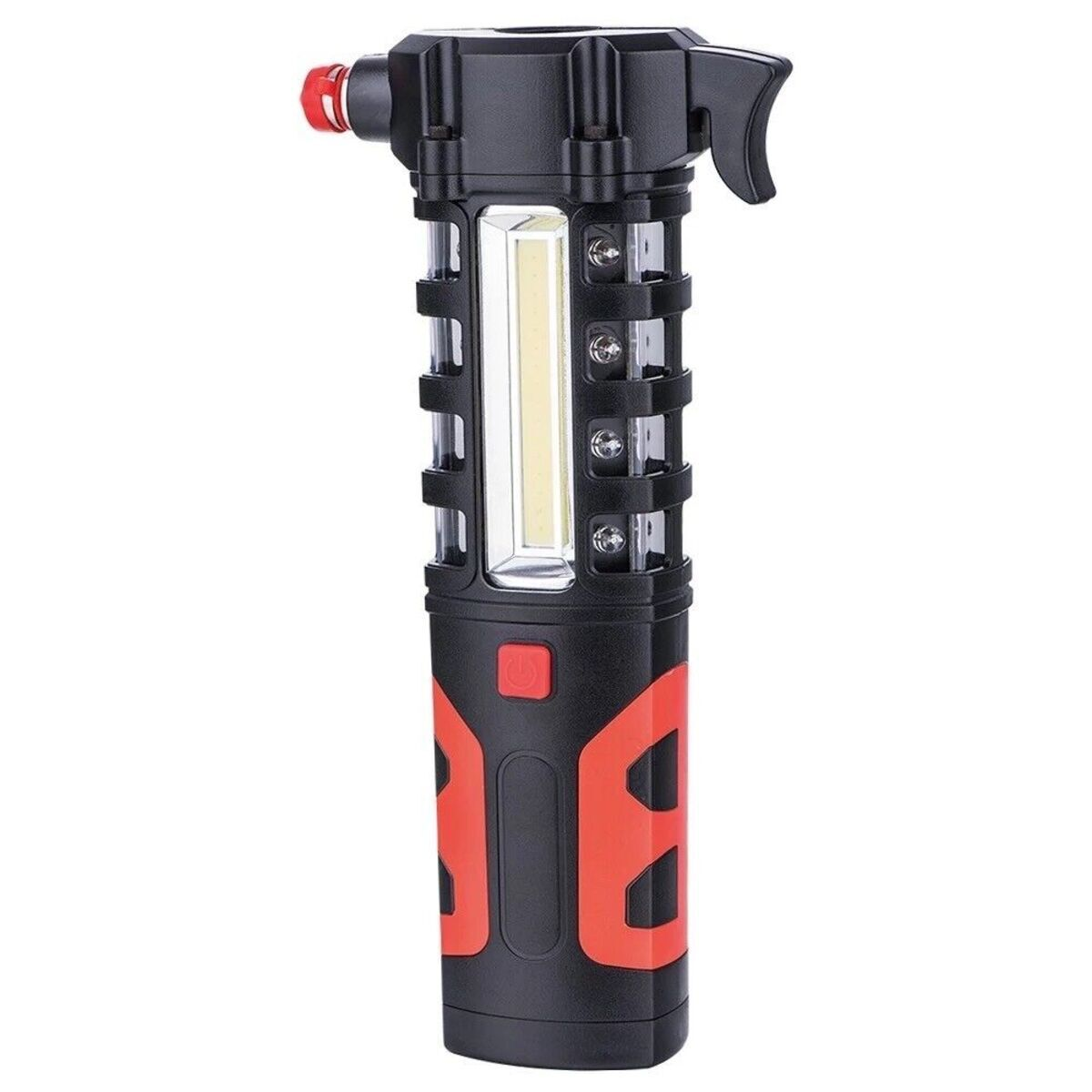 Schwarze und rote Multi-Tool-Taschenlampe. Sie hat ein Licht, einen Hammer und einen roten Knopf.