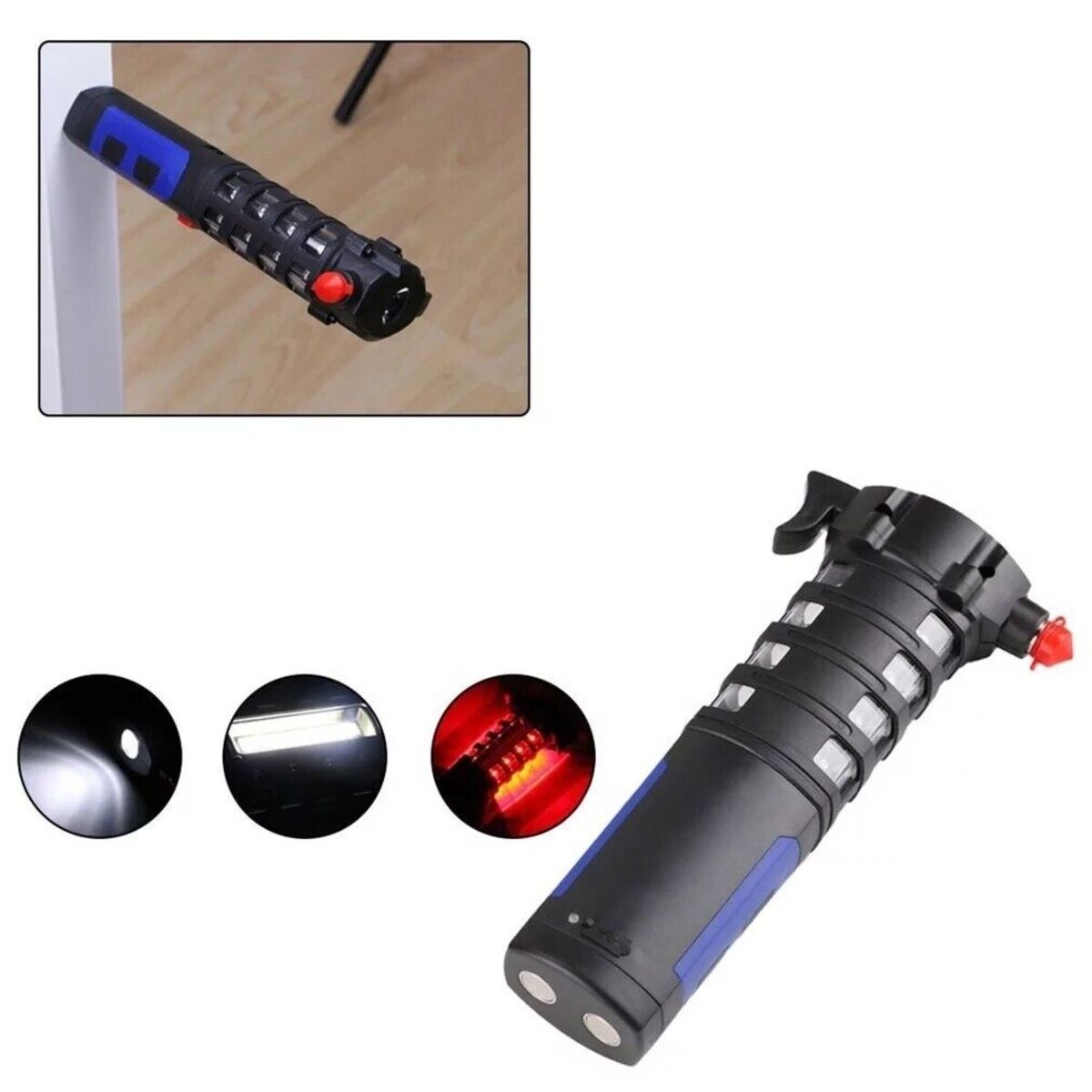 Eine schwarze Taschenlampe mit blauem Griff und drei angezeigten Lichtarten.