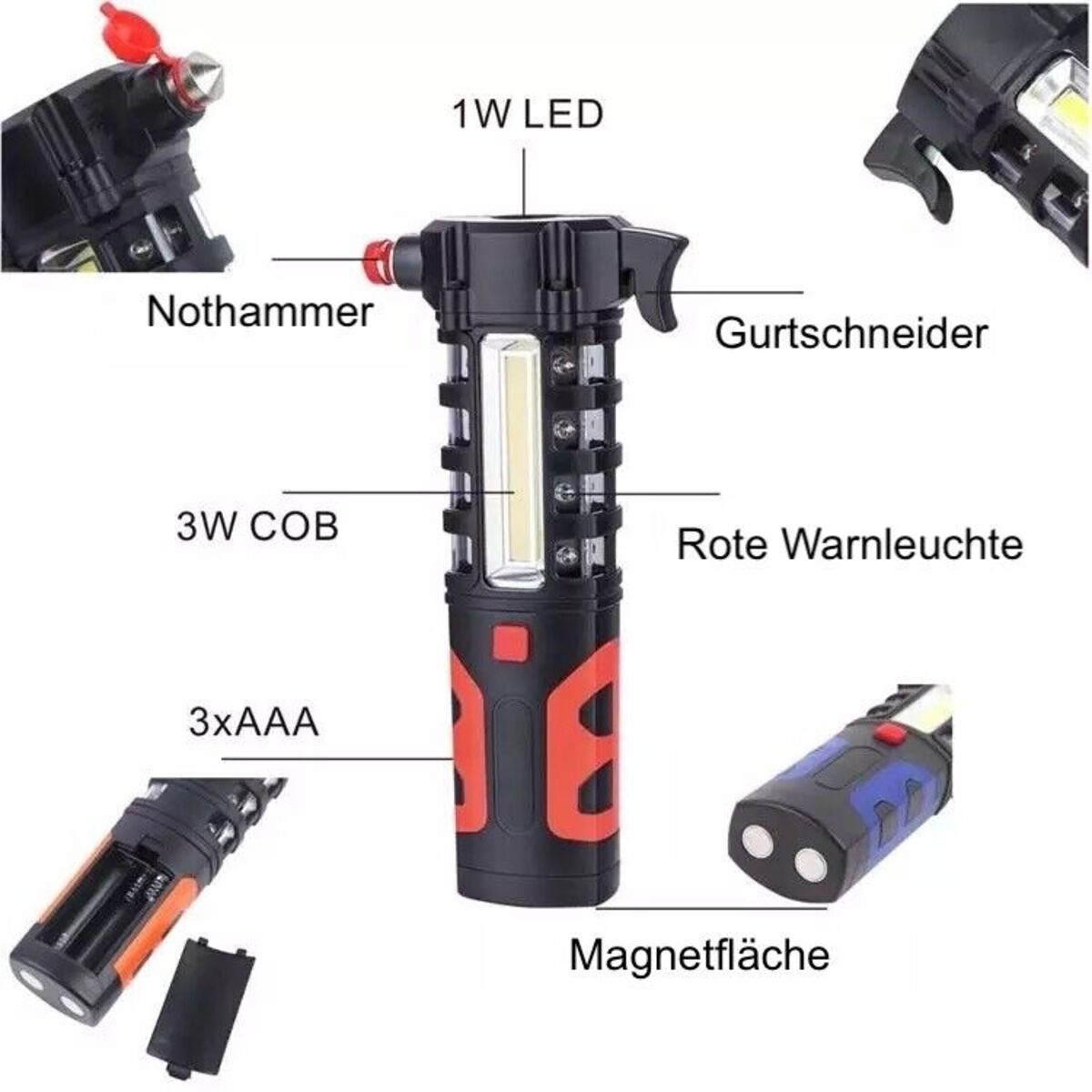 Notfallwerkzeug mit mehreren Funktionen: Glasbrecher, Gurtschneider, Licht und Magnet.