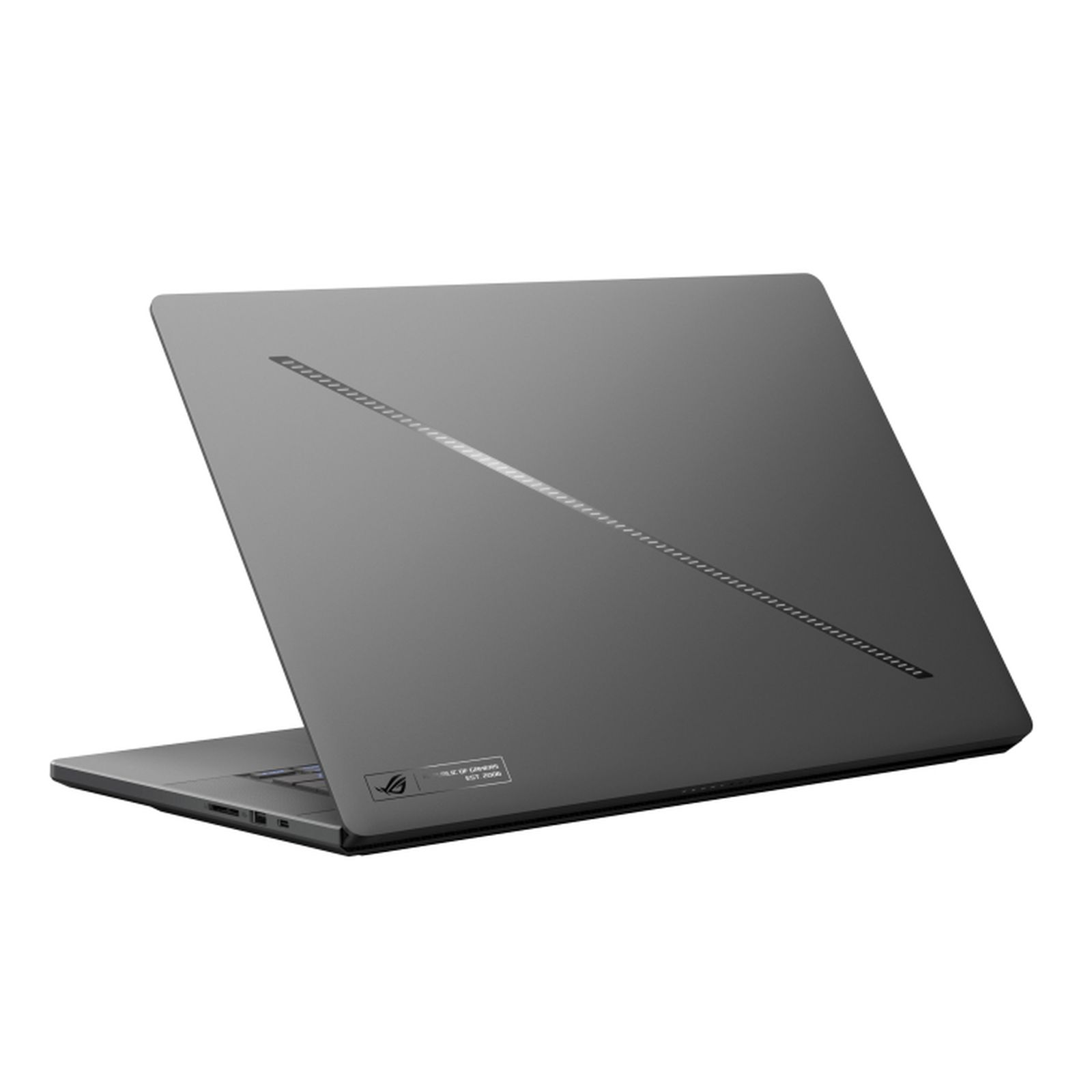 Vista posteriore del laptop, grigio scuro con una striscia riflettente e logo. Display chiuso.