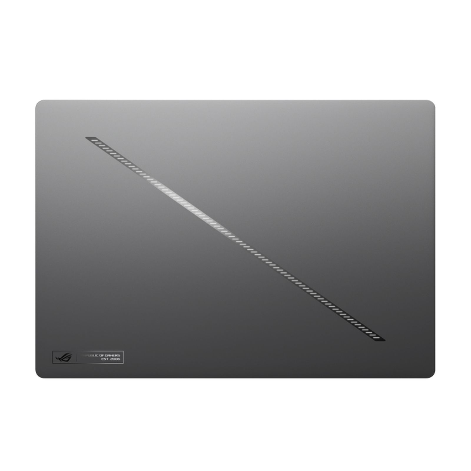 Retro del laptop, grigio scuro con design a linea luminosa.