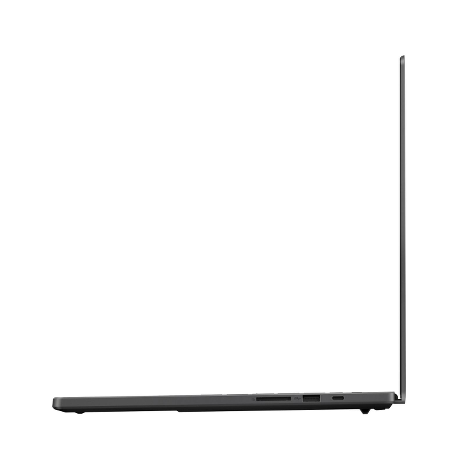 Vista laterale di un laptop nero chiuso su sfondo bianco. Il laptop è sottile ed elegante.