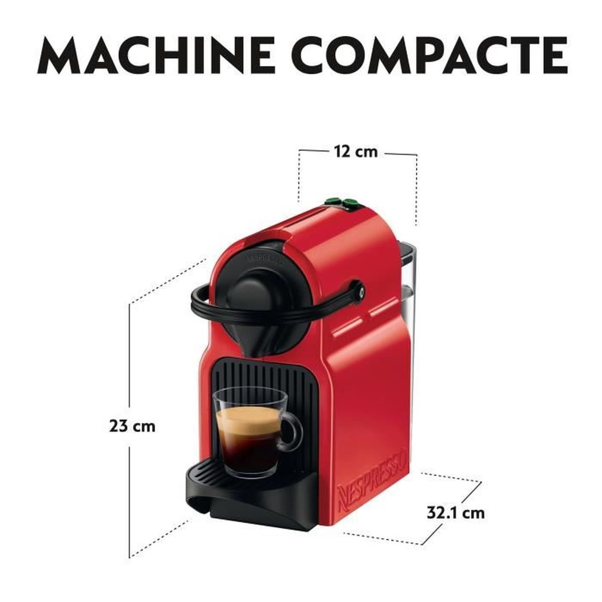 Máquina Nespresso roja con vaso de café, dimensiones etiquetadas en centímetros.