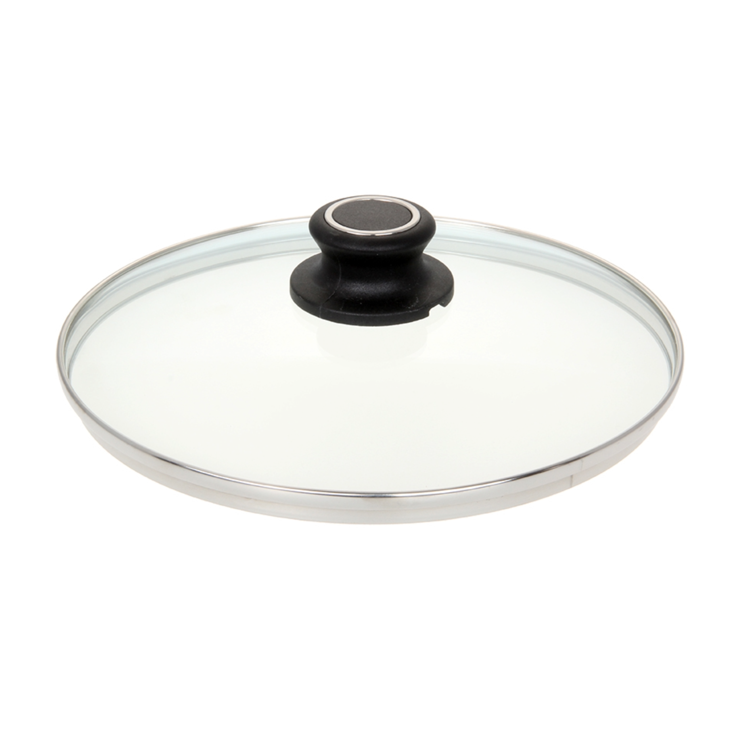 Ein klarer Glasdeckel mit schwarzem Griff, von oben vor weißem Hintergrund gesehen.
