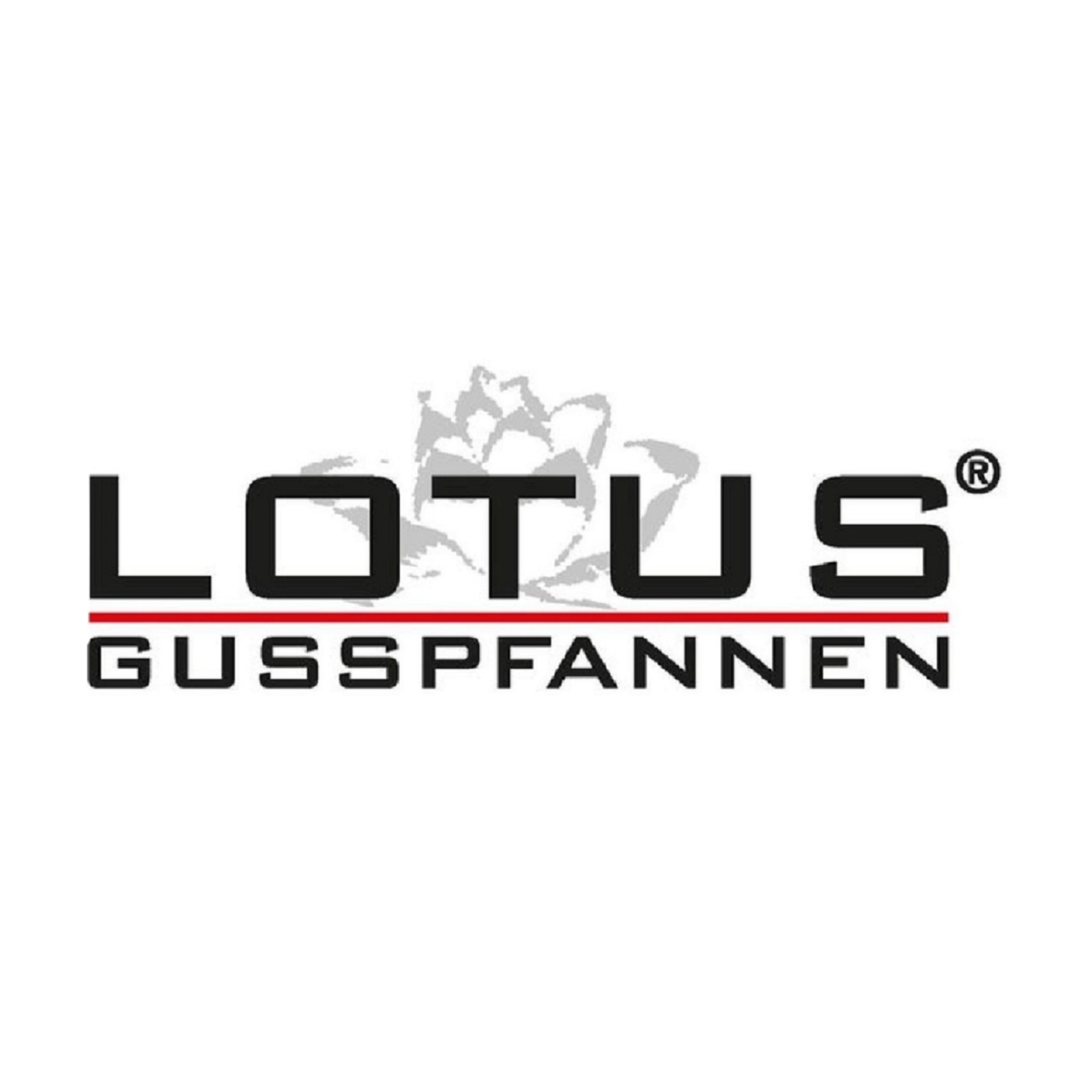 Das Logo von 'LOTUS' mit 'GUSSPFANNEN' darunter, vor weißem Hintergrund mit strukturiertem Design.
