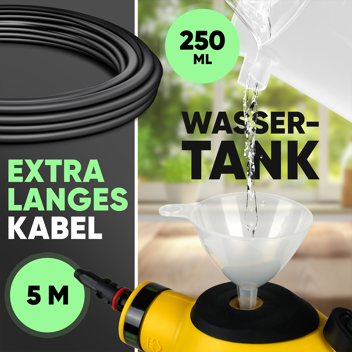 Żółty i czarny wąż z tekstem 'EXTRA LANGE KABEL 5 M' i etykietą zbiornika na wodę z 250 ml.
