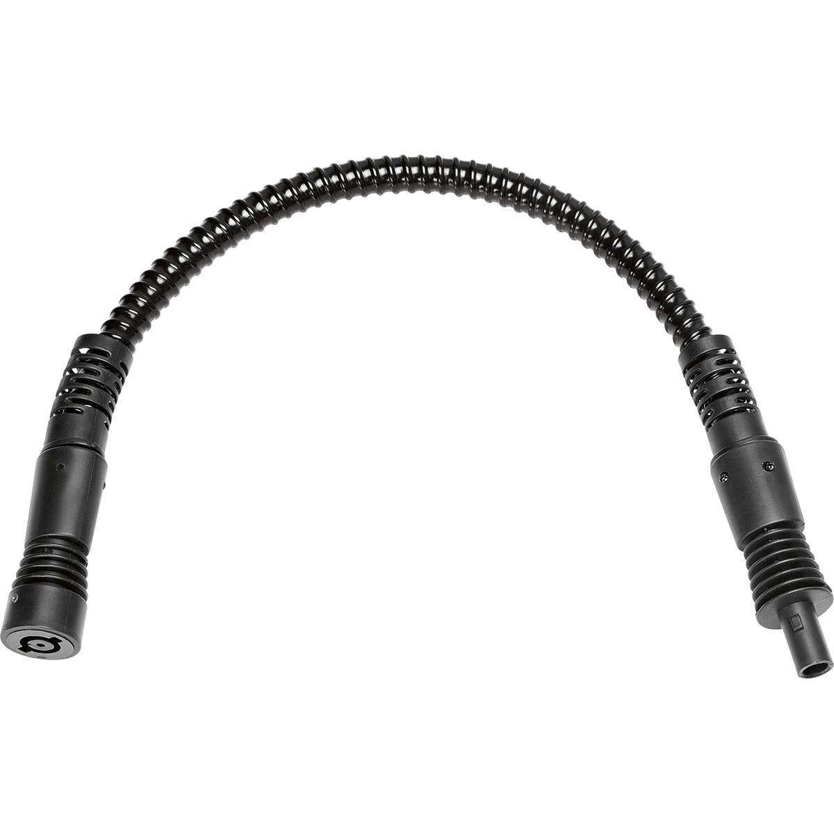 Czarny elastyczny wysięgnik mikrofonu ze złączami na obu końcach, na białym tle.