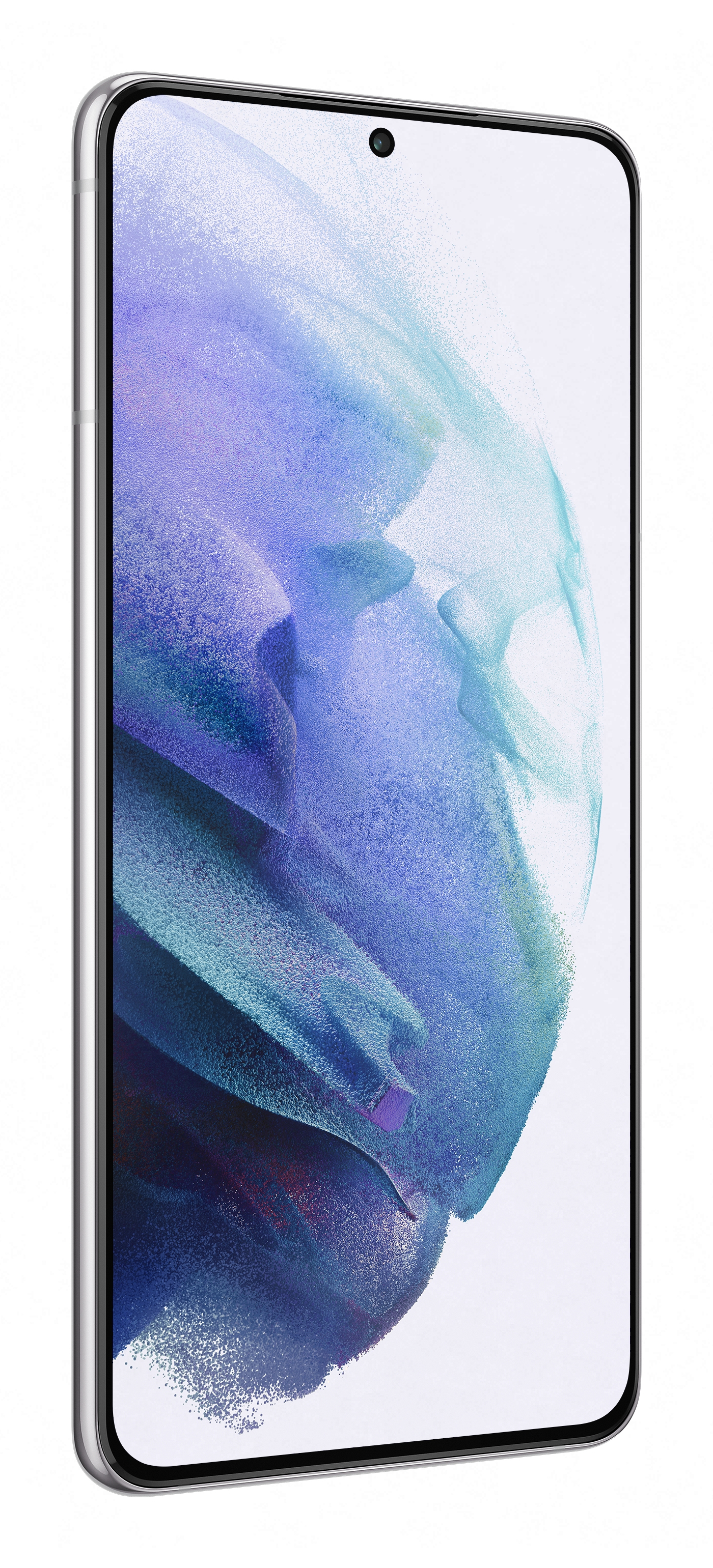 Srebrny smartfon z niebiesko-fioletowym ekranem, białe tło.