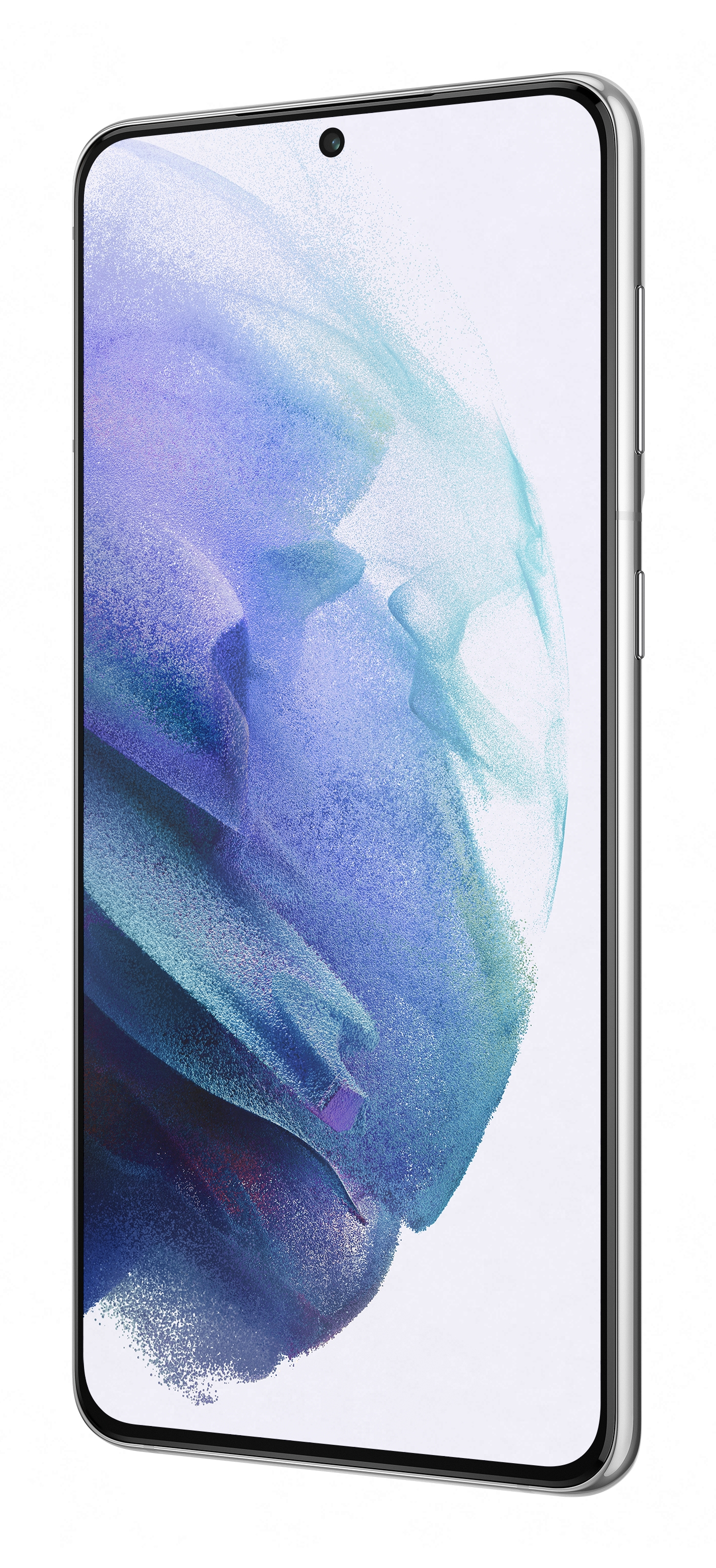 Srebrny smartfon z dużym ekranem. Wyświetlacz pokazuje rozmyty obraz w kolorach niebieskiego i fioletowego.