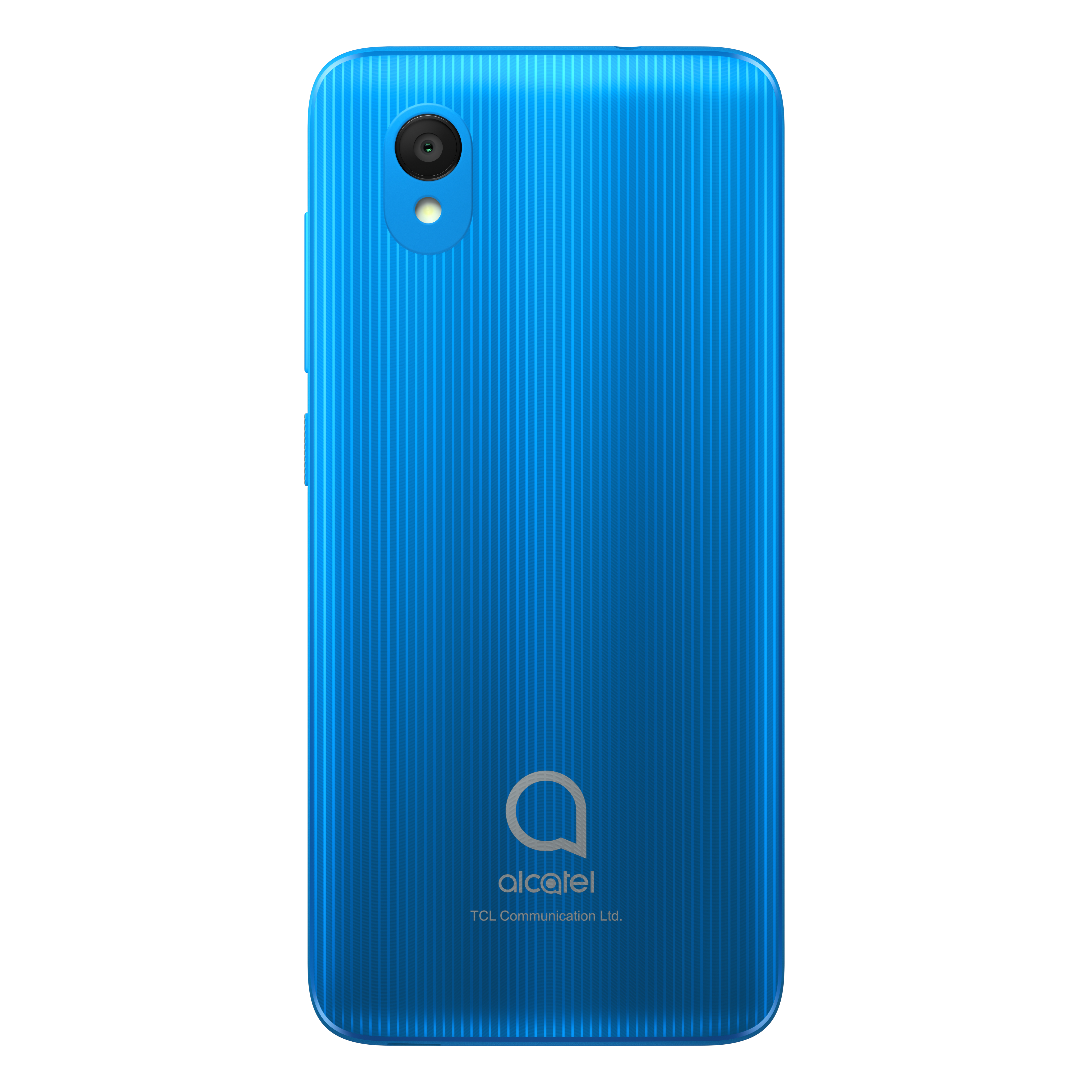 Mavi akıllı telefon arkası, dikey çizgiler, kamera ve Alcatel logosu, beyaz zemin.