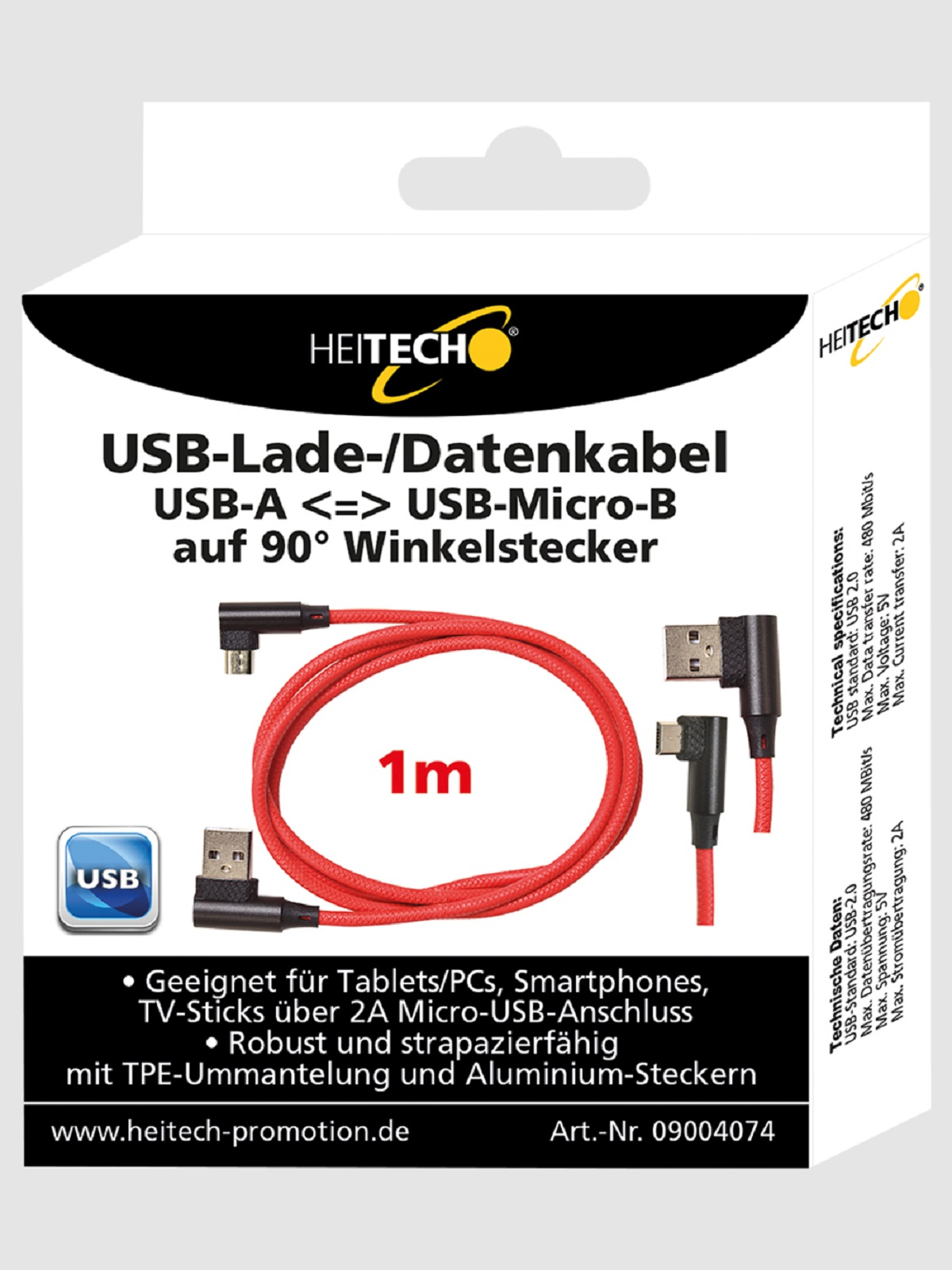 Rotes USB-Kabel mit abgewinkelten Steckern in einer Box. Die Box hat deutschen Text.