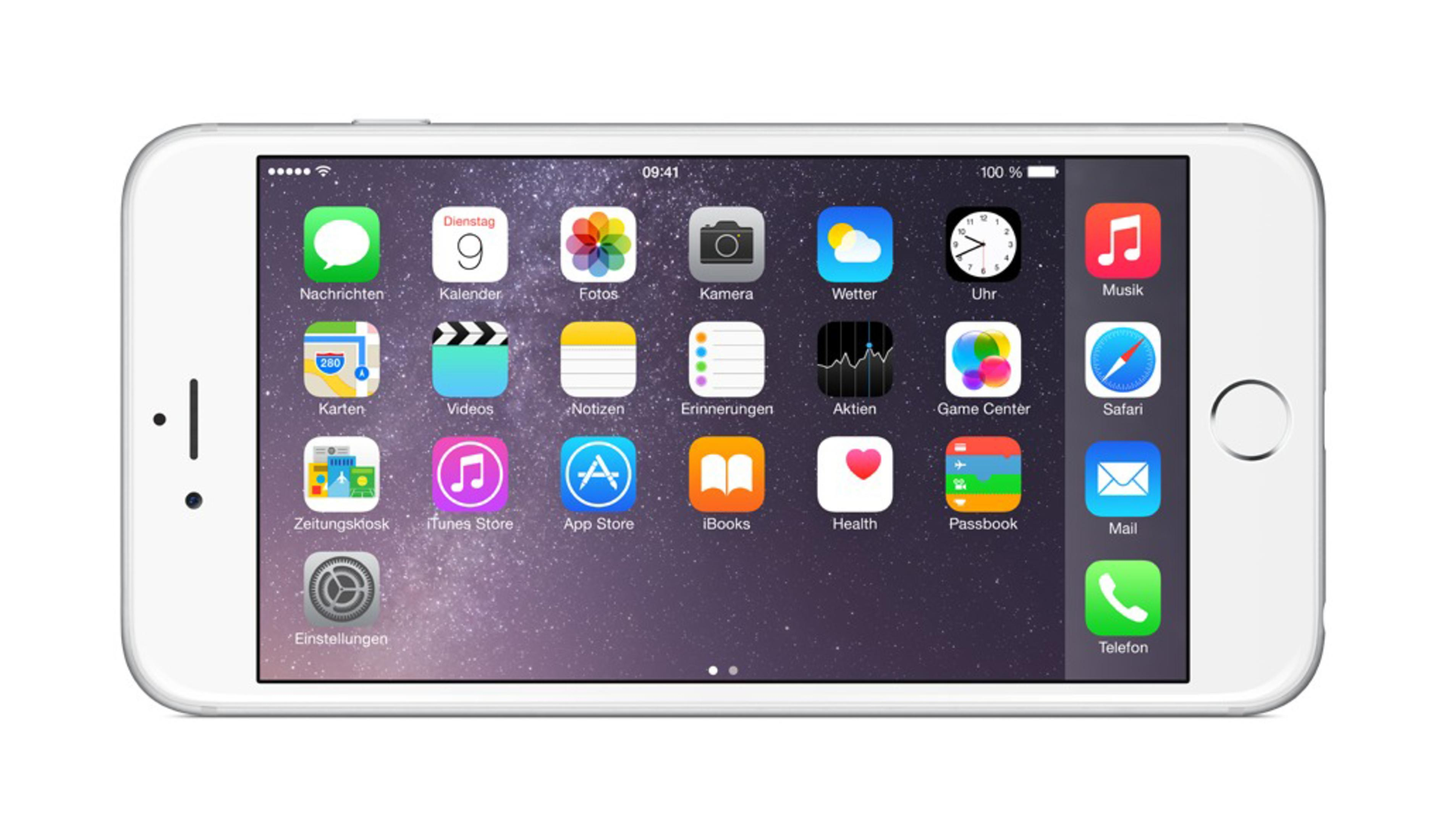 Ein weißes iPhone, das einen Startbildschirm mit App-Symbolen anzeigt, darunter Einstellungen, Mail und App Store.