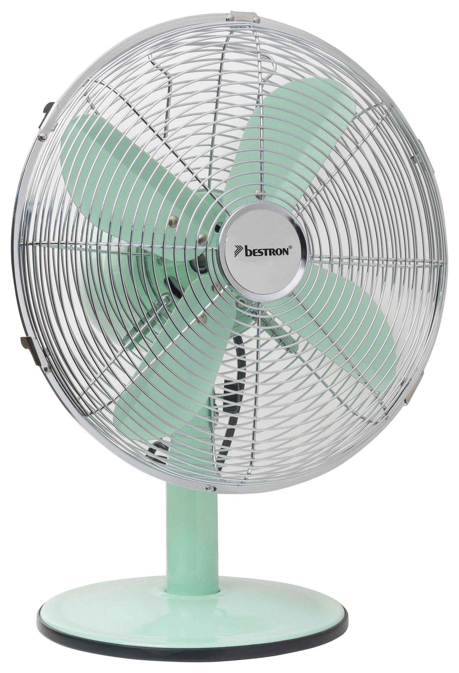 Un ventilatore in metallo verde menta con dettagli cromati e supporto abbinato, sfondo bianco.