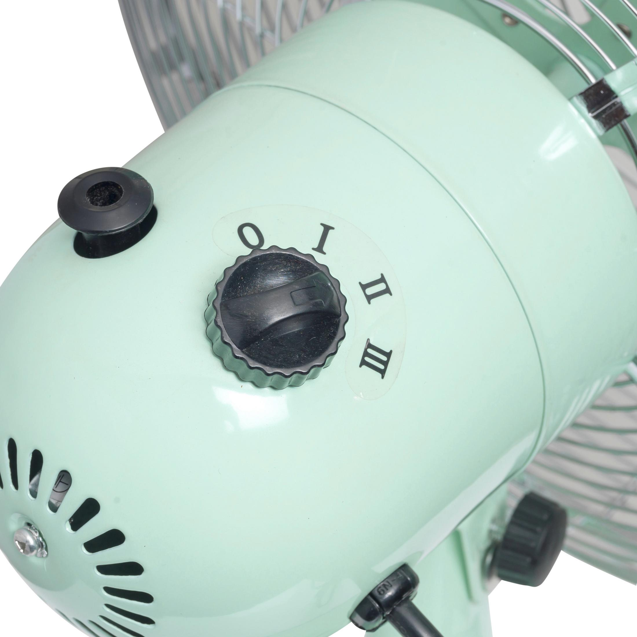 Primo piano del pannello di controllo di un ventilatore verde menta. Il quadrante ha i numeri I, II e III. Manopola nera.