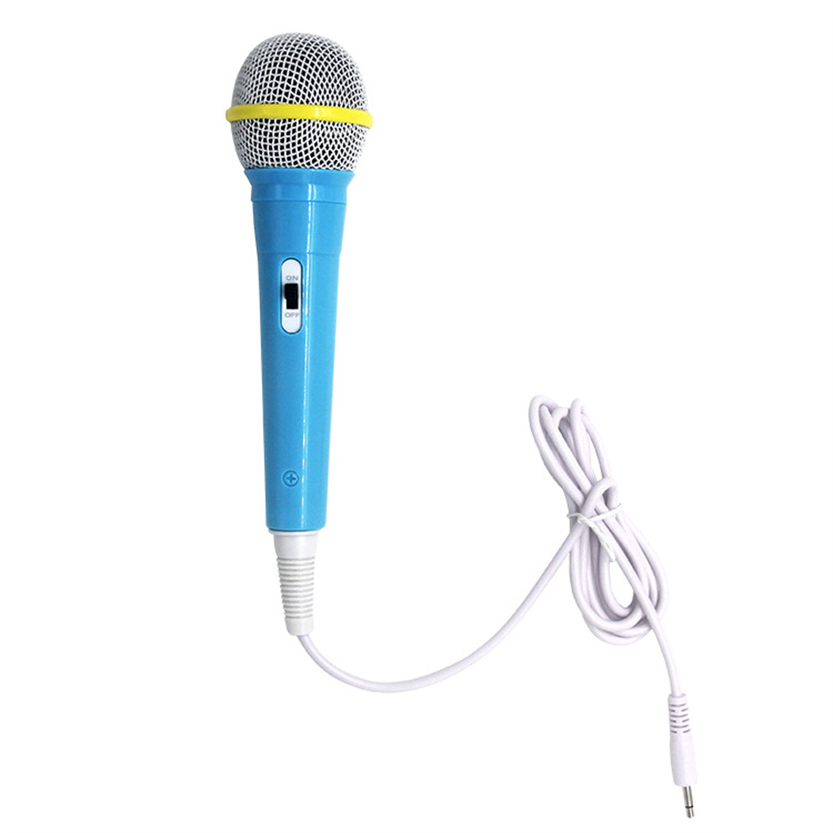 Ein blau-weißes Mikrofon mit blauem Gehäuse und gelbem Kopf. Ein weißes Kabel ist befestigt.