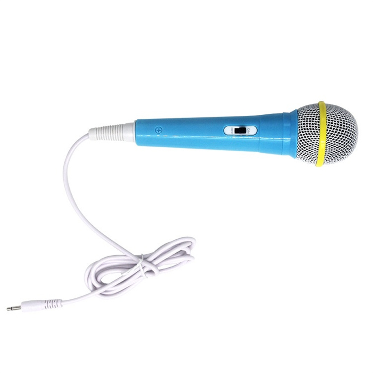 Blaues Mikrofon mit weißem Kabel und weißem Stecker. Weißer Hintergrund.