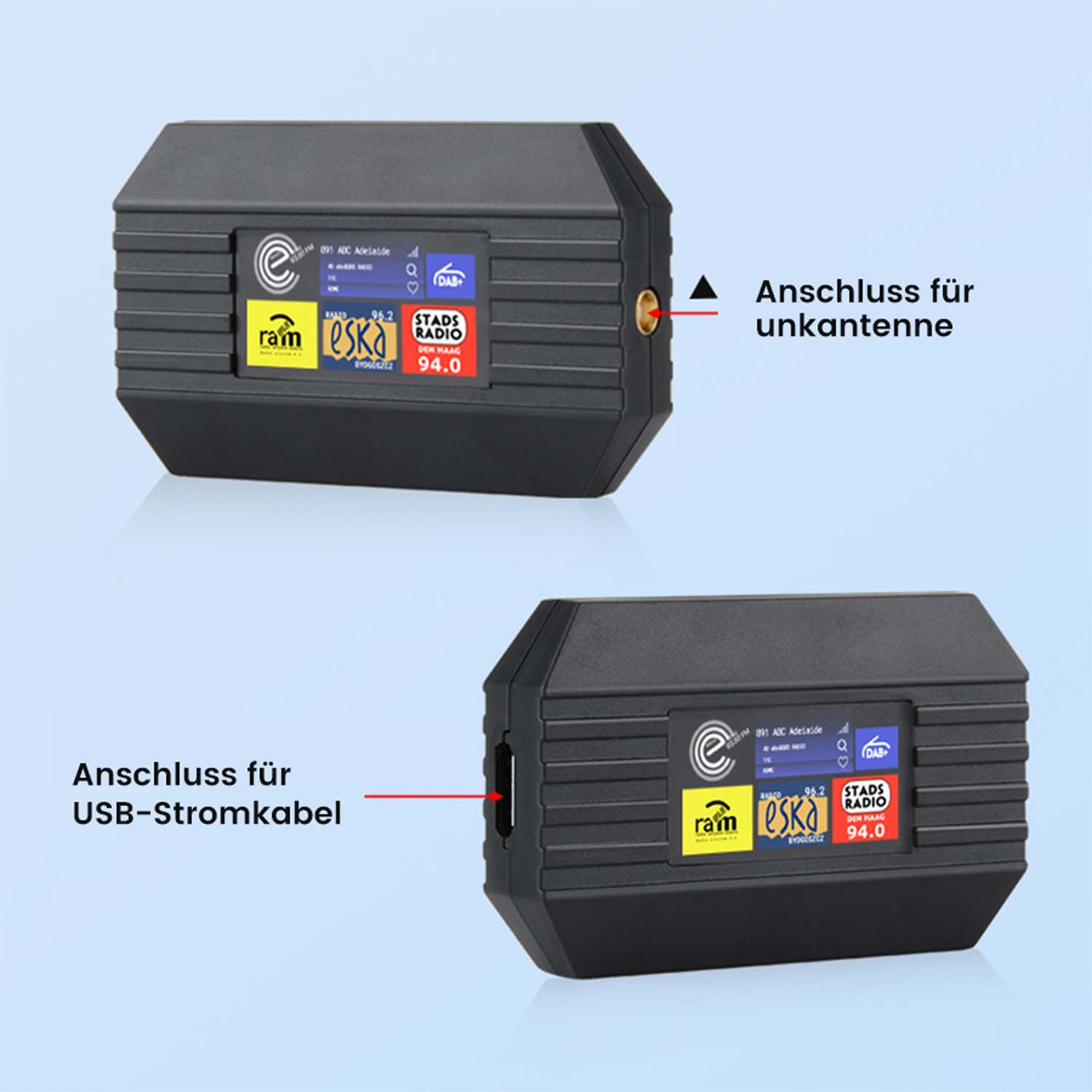Dwa czarne odbiorniki radiowe z wyświetlaczami pokazującymi informacje radiowe. Jeden pokazuje port USB.