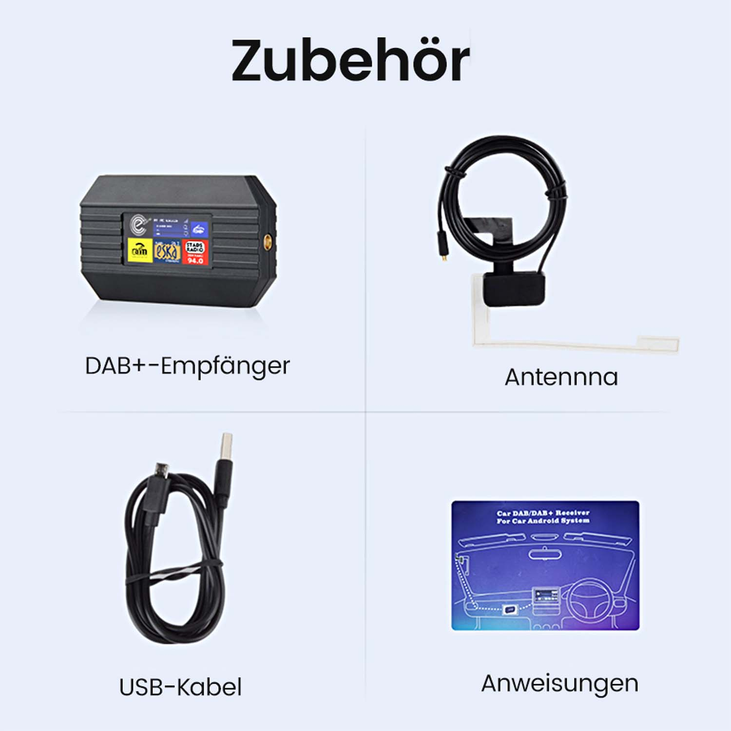 Akcesoria do odbiornika DAB+/DAB do samochodu, antena, kabel USB i instrukcje.