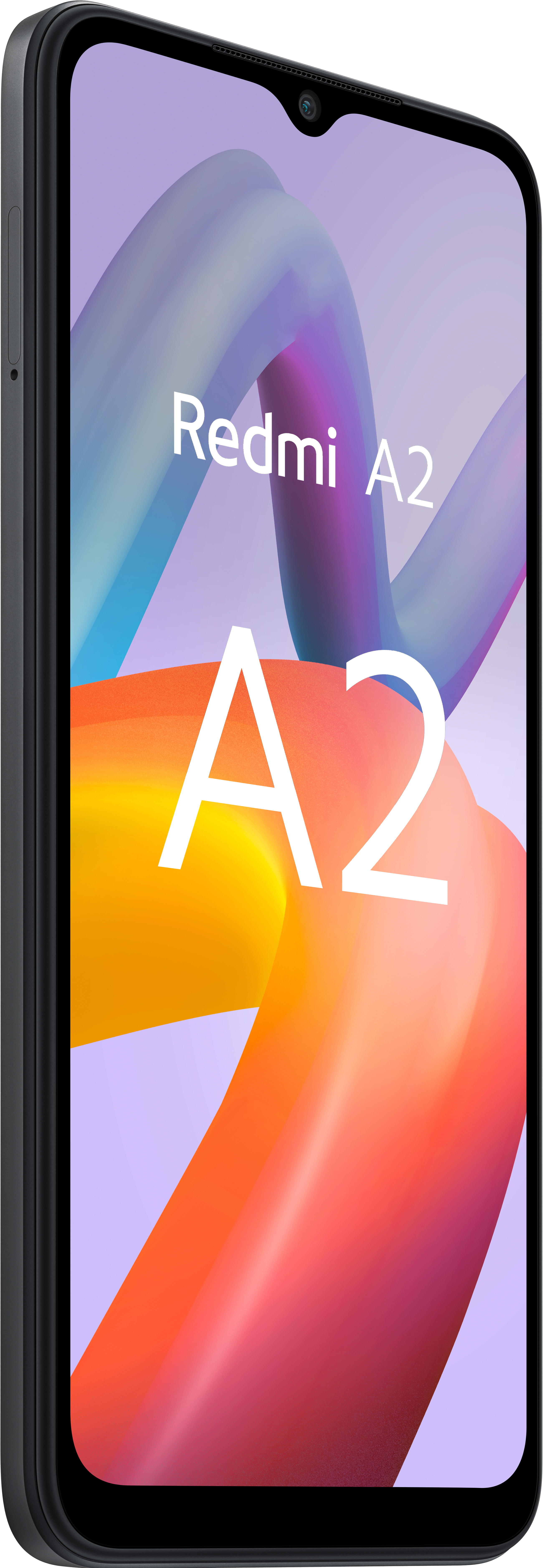 Telefon Redmi A2, czarna ramka, biały tekst i abstrakcyjne tło.