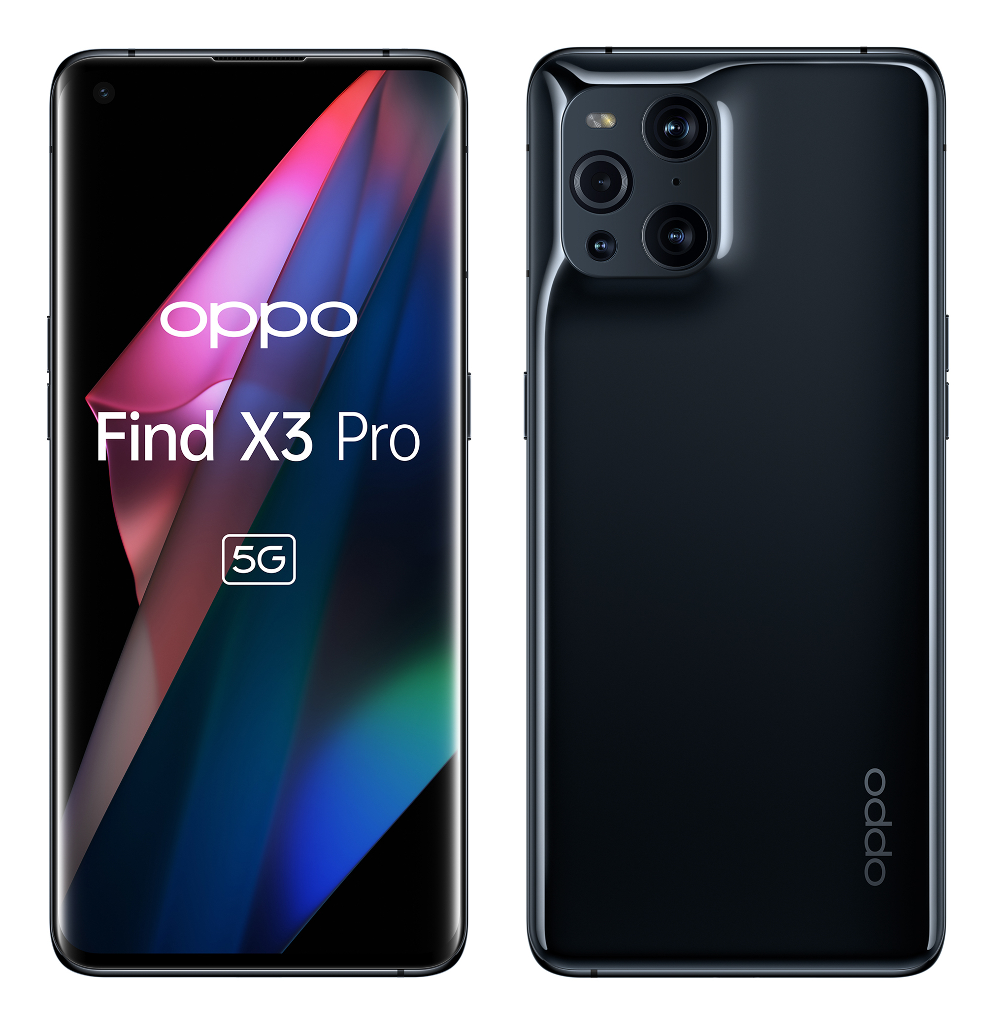 Oppo Find X3 Pro, Vorder- und Rückansicht. Display mit App-Symbolen. Schwarzes Gehäuse.
