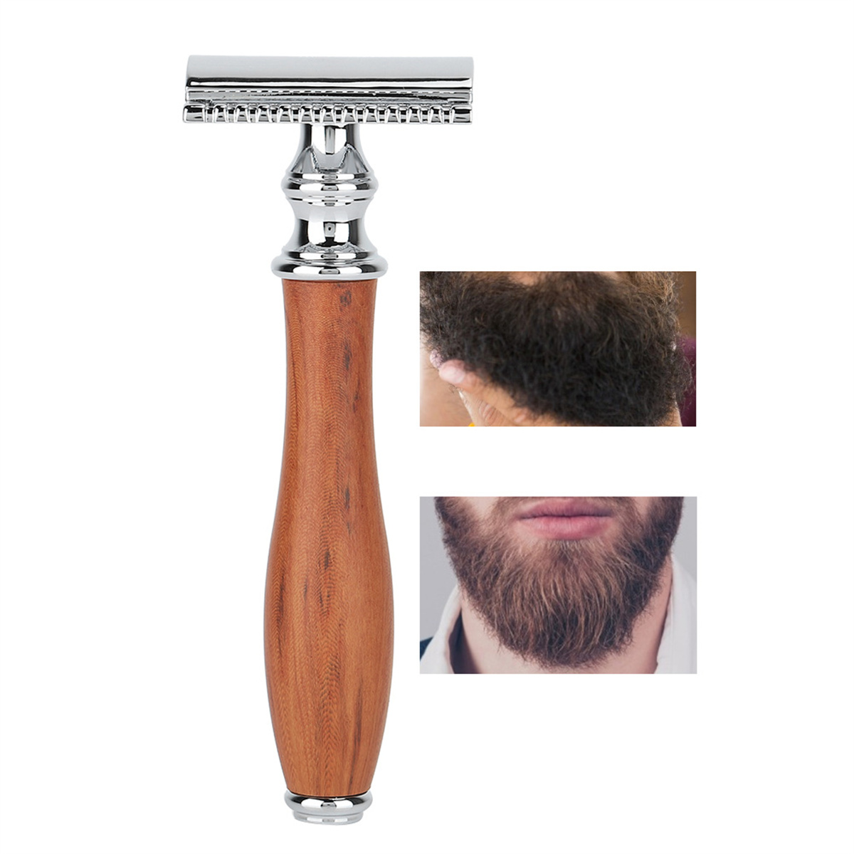 Ein Rasierer mit Chrom- und Holzgriff mit Nahaufnahmen von Bärten, auf weißem Hintergrund.