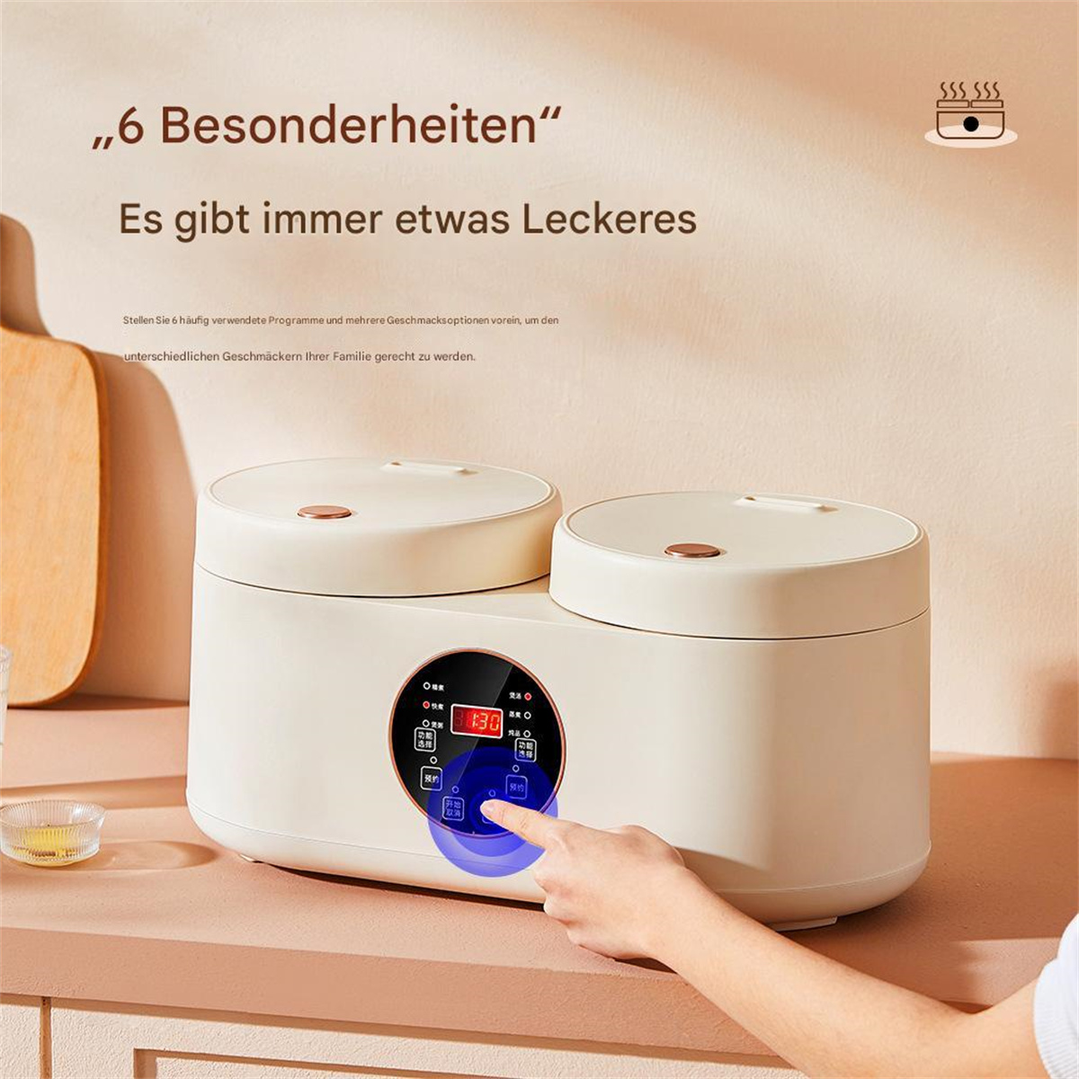 Ein weißer Essenskocher mit digitaler Anzeige wird gedrückt. Text sagt '6 Besonderheiten'.