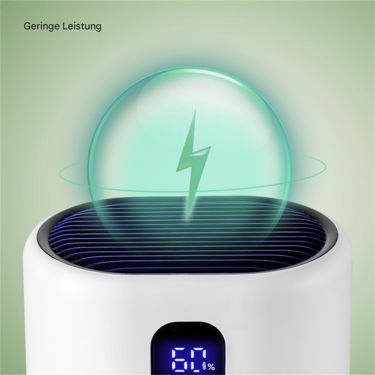 Weißer Luftreiniger mit grünem Energiesymbol. Ein digitales Display zeigt einen Prozentsatz.