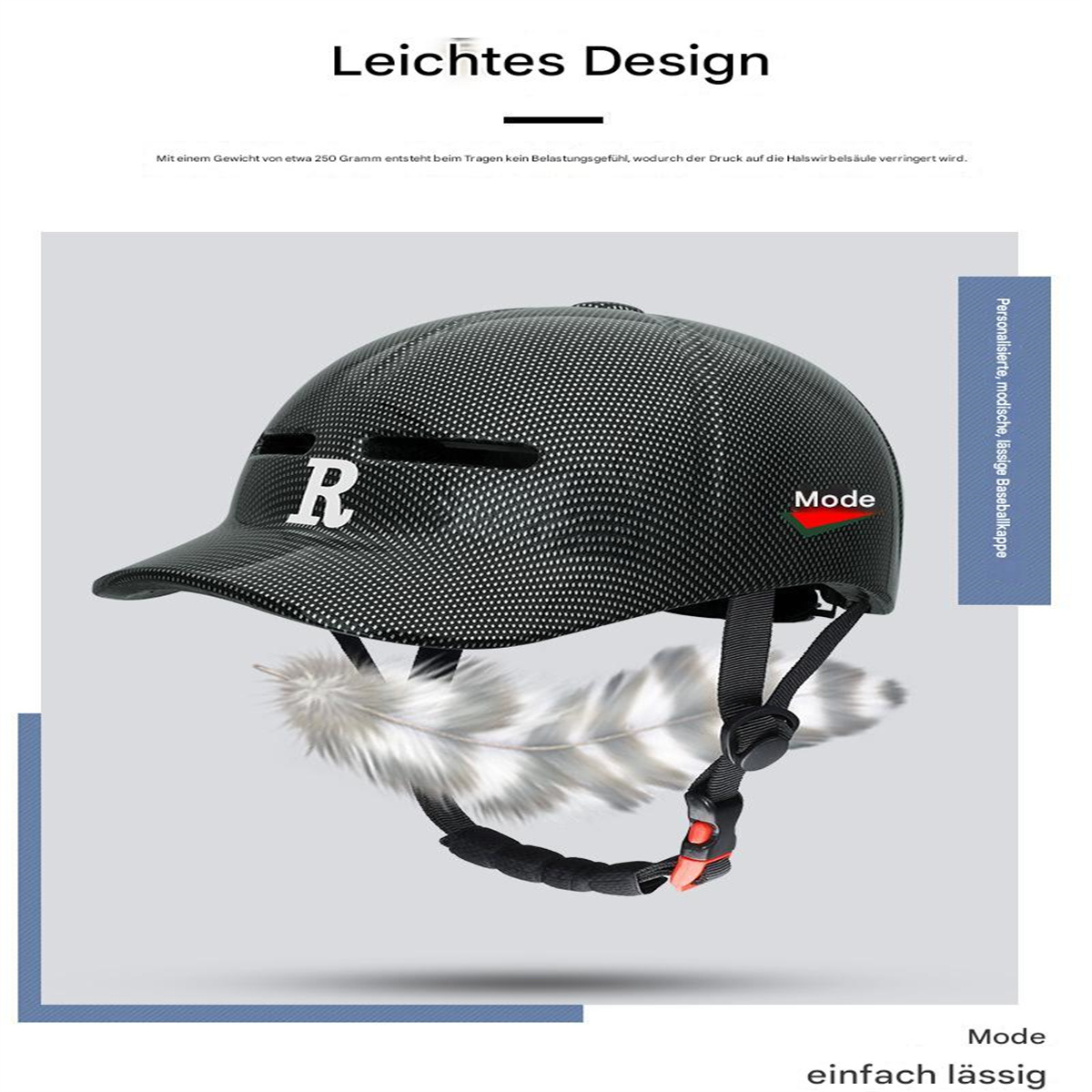 Schwarzer Fahrradhelm mit weißem 'R' und 'Mode'-Etikett, heller Hintergrund.