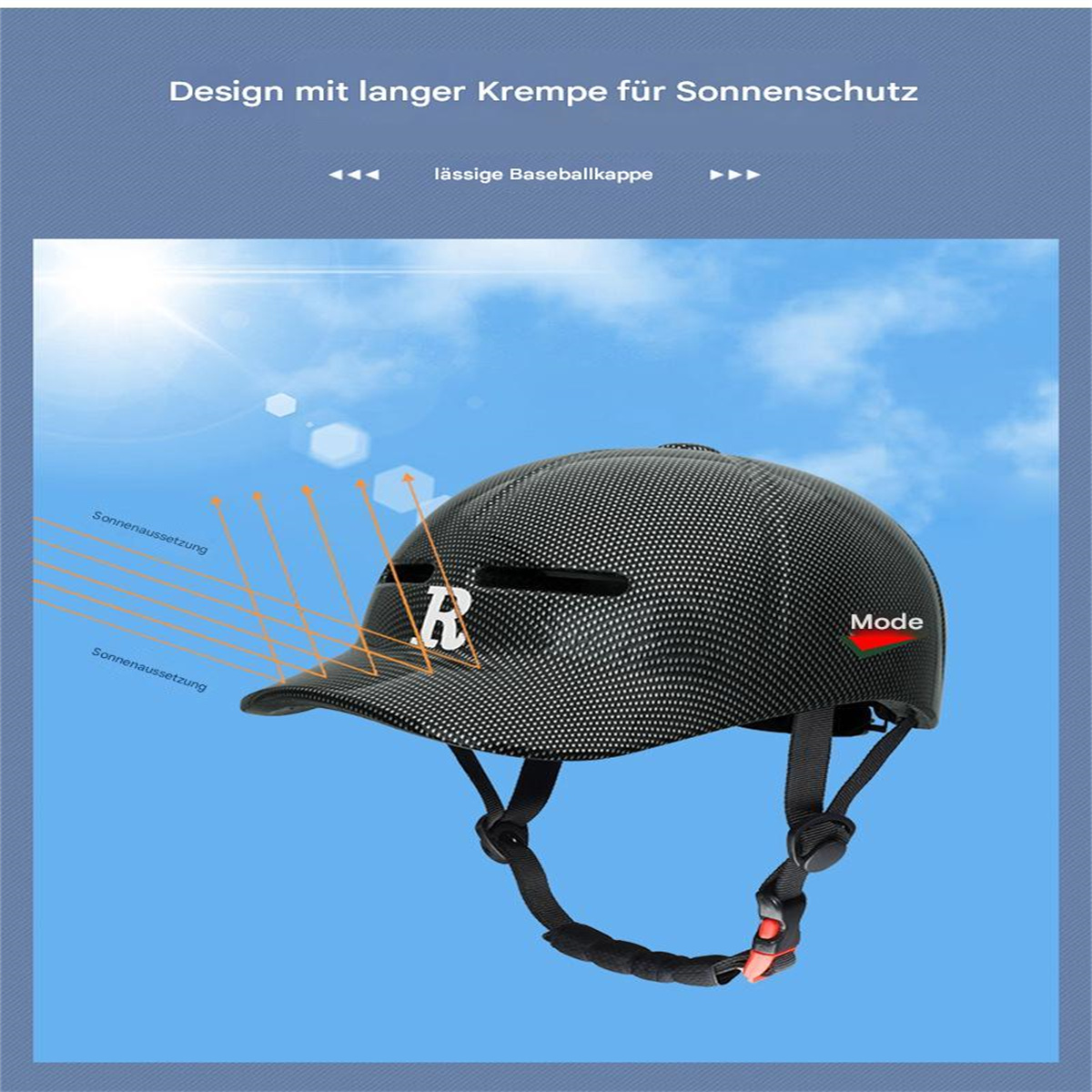 Schwarzer Fahrradhelm mit Visier und dem Buchstaben 'R'. Blau-weißer Hintergrund.