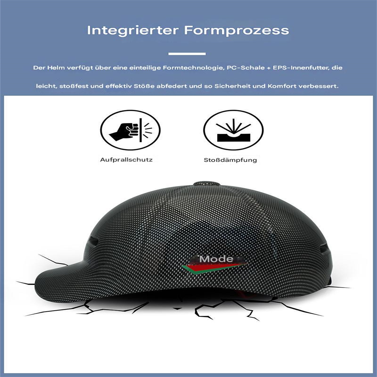 Schwarzer Helm mit Visier. Hintergrund mit Text und Symbolen.