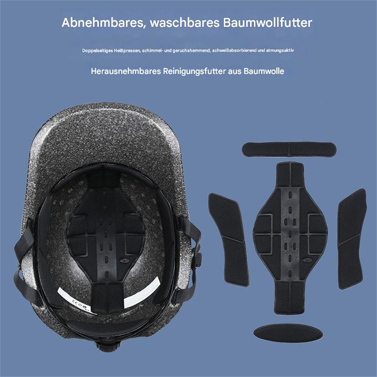 Helm mit abnehmbarem Baumwollfutter und herausnehmbarer Reinigungs-Polsterung.