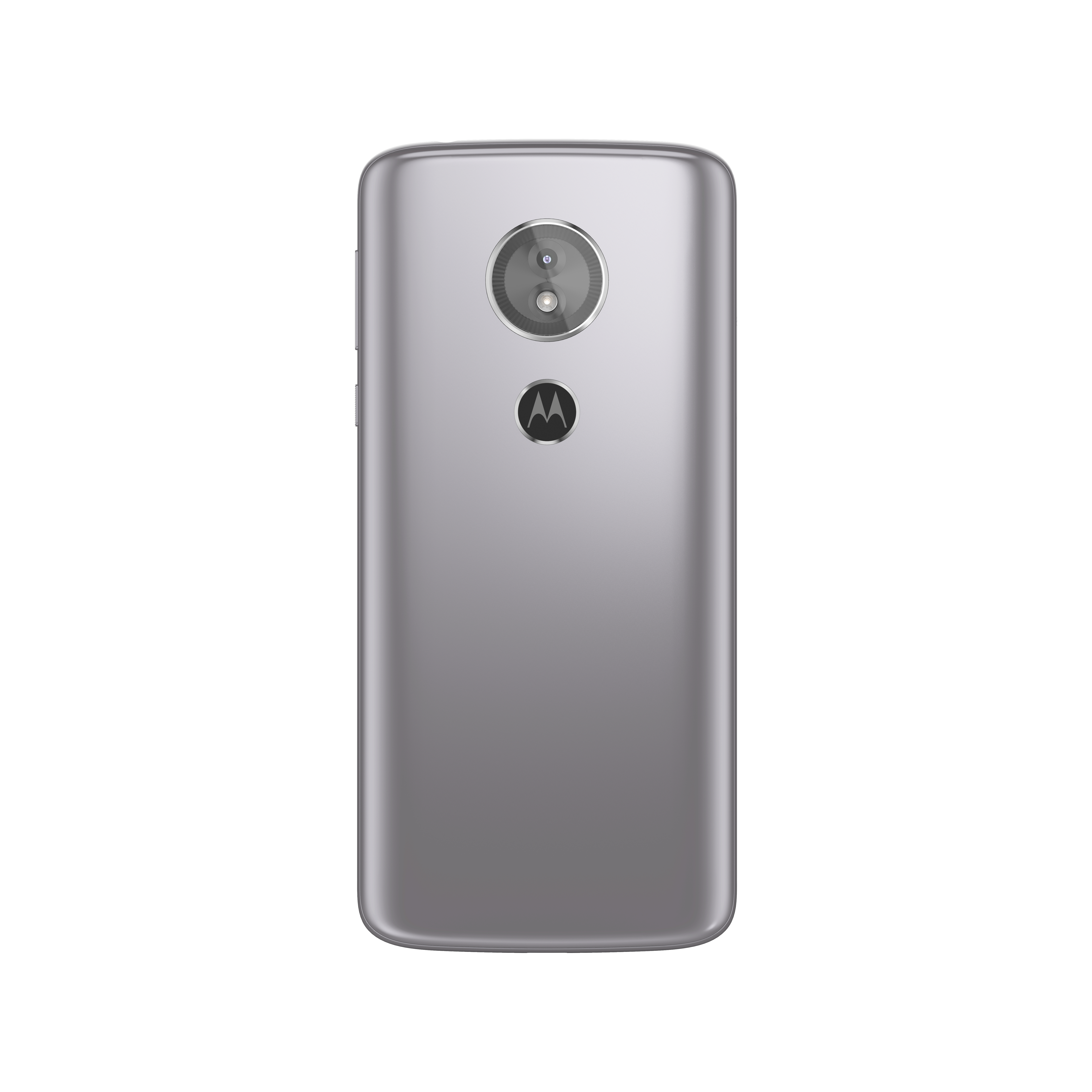 Rückseite eines grauen Motorola-Telefons. Es hat eine kreisförmige Kamera und das Motorola-Logo.