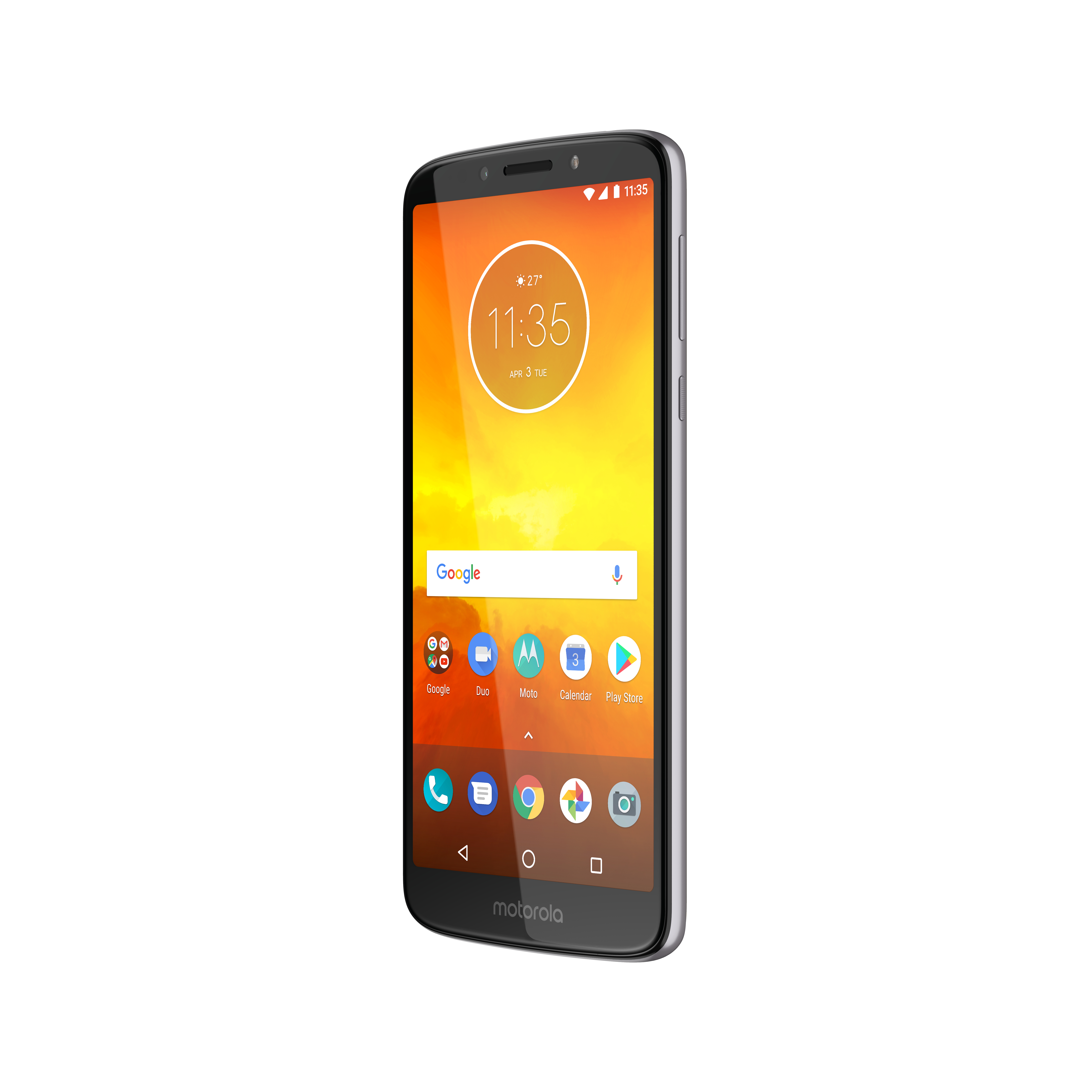 Schwarzes Motorola-Telefon mit gebogenem Bildschirm, der die Uhrzeit und App-Symbole anzeigt. Der Hintergrund ist weiß.