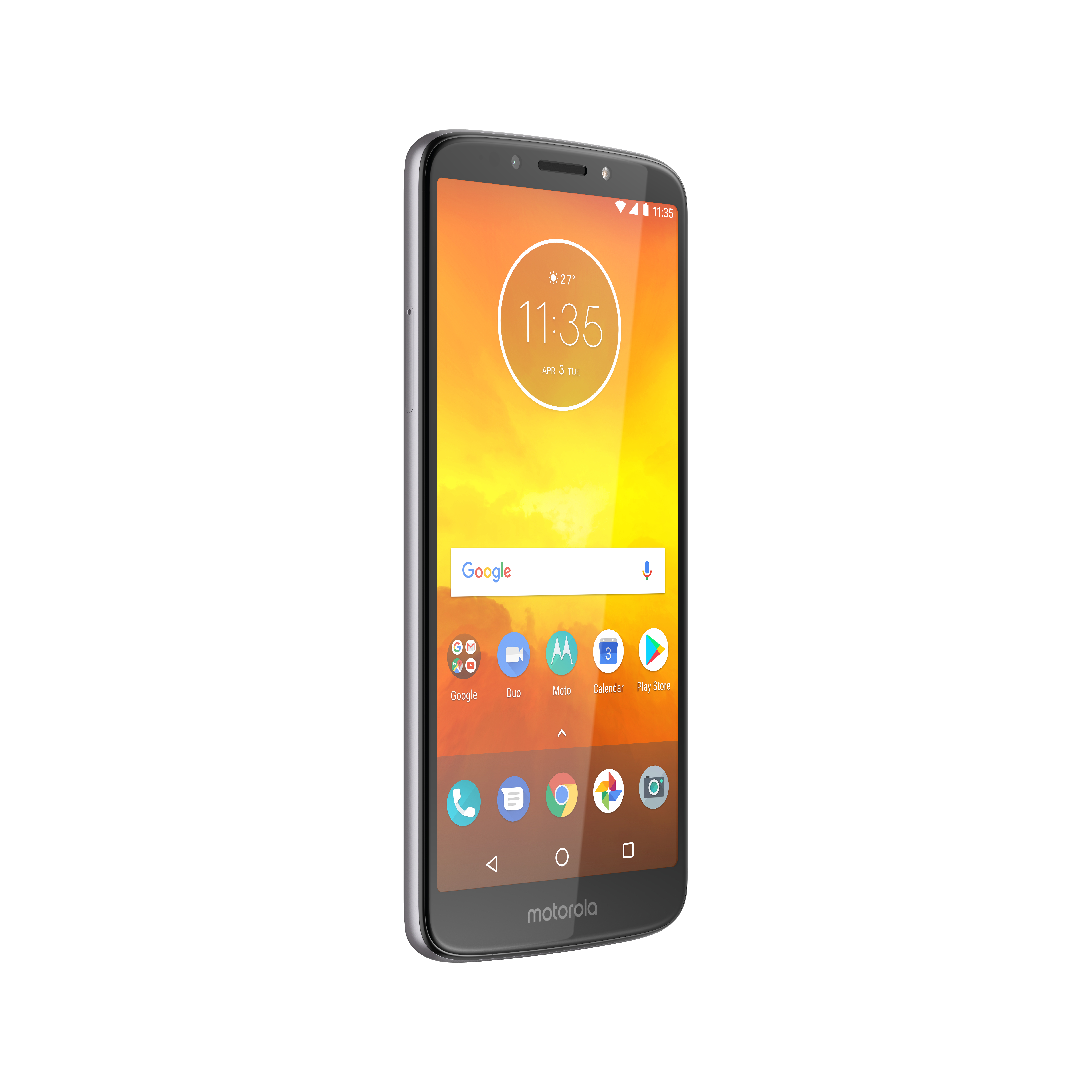 Motorola Smartphone mit Google Apps auf dem Display, schräge Ansicht, graues Gehäuse.