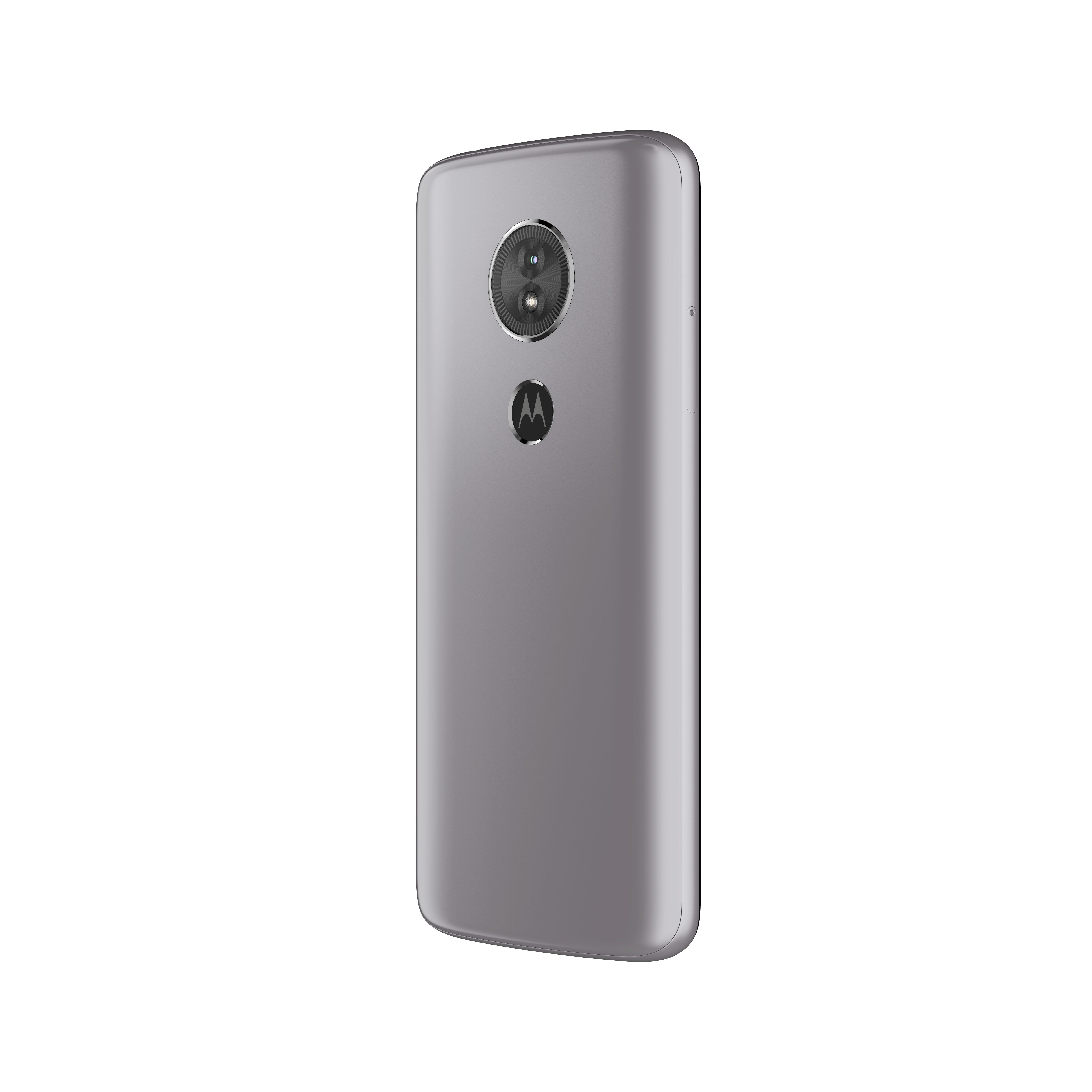 Die Rückseite eines grauen Smartphones mit Dual-Objektiv-Kamera und Logo vor weißem Hintergrund.