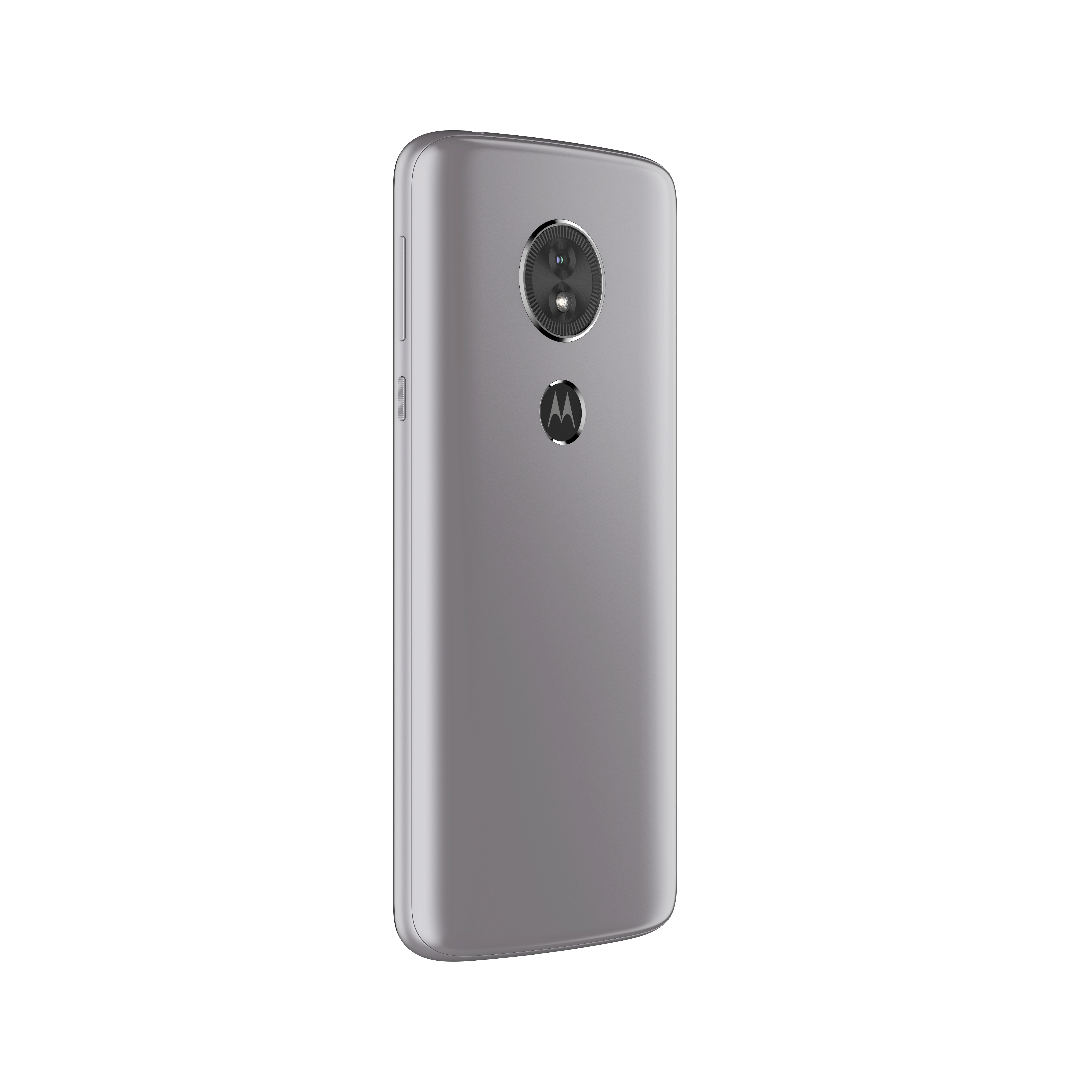 Ein silbernes Smartphone, Rückansicht, mit Kamera und Logo.