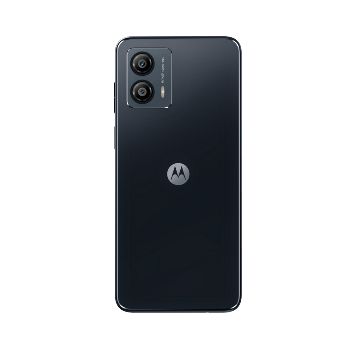 Widok z tyłu czarnego smartfona z podwójnym aparatem i logo Motorola, na białym tle.