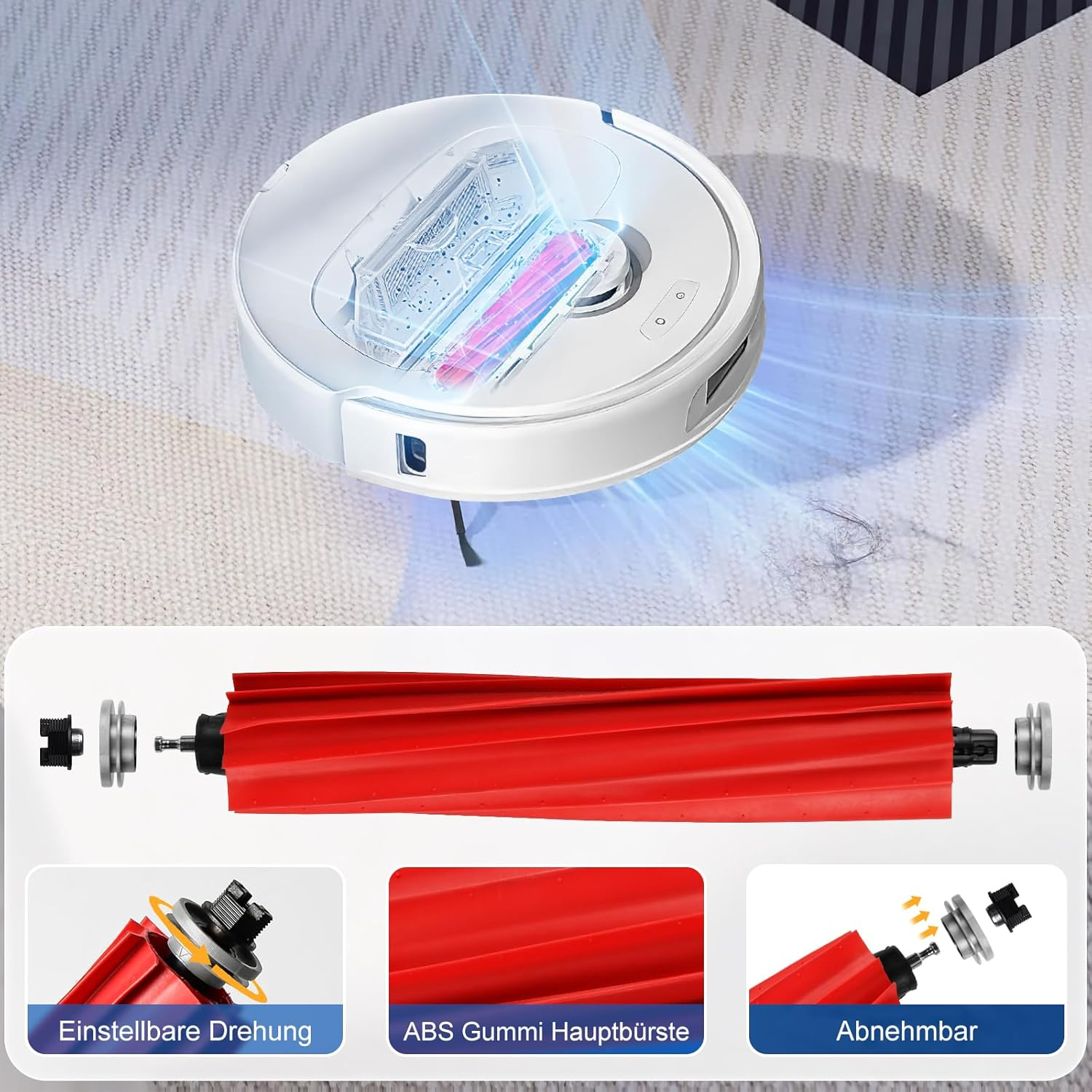 Robot odkurzający z czerwoną szczotką. Oznaczone części: Regulowana rotacja, szczotka główna i wyjmowana.