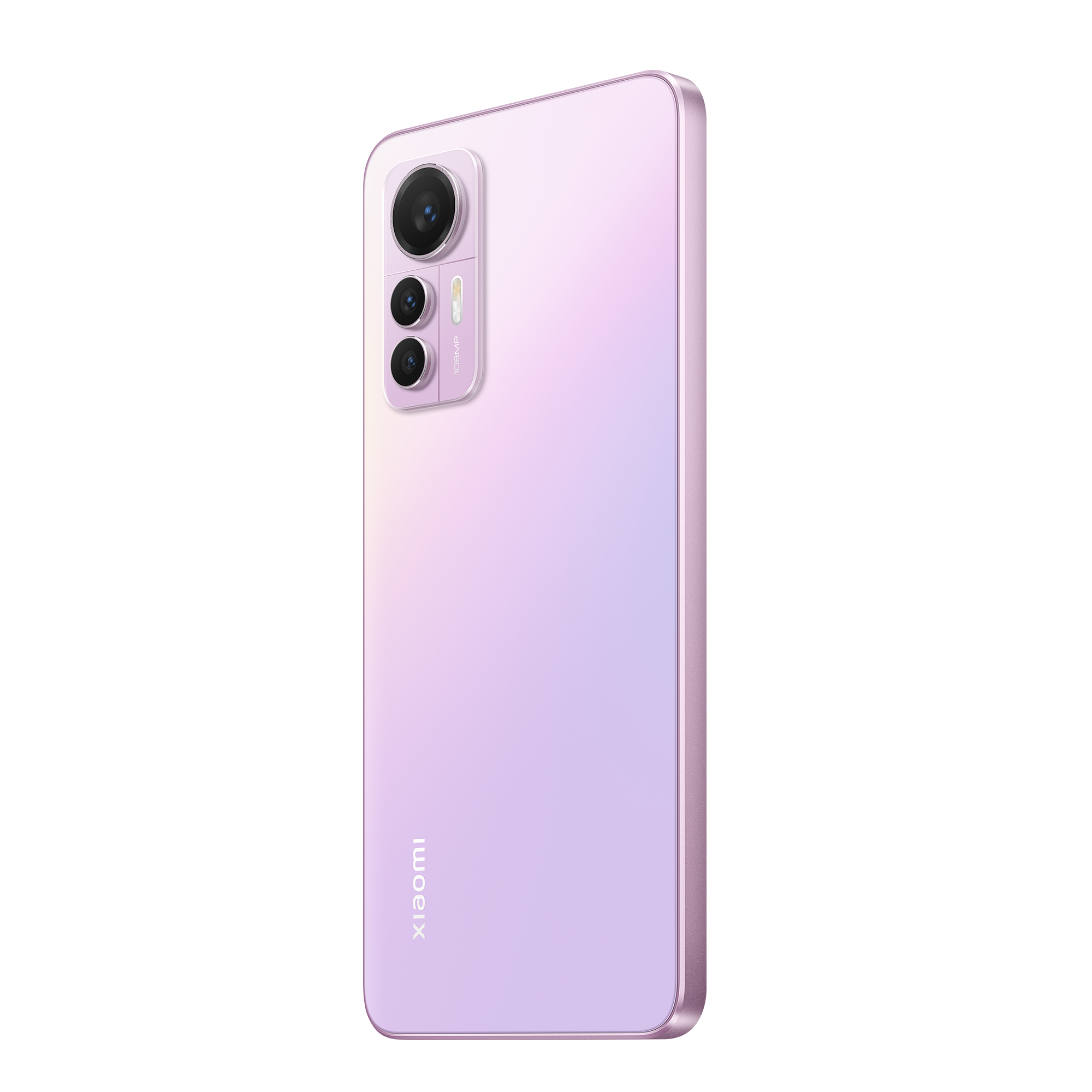 Różowy telefon Xiaomi, pokazujący tył z aparatami. Białe tło.