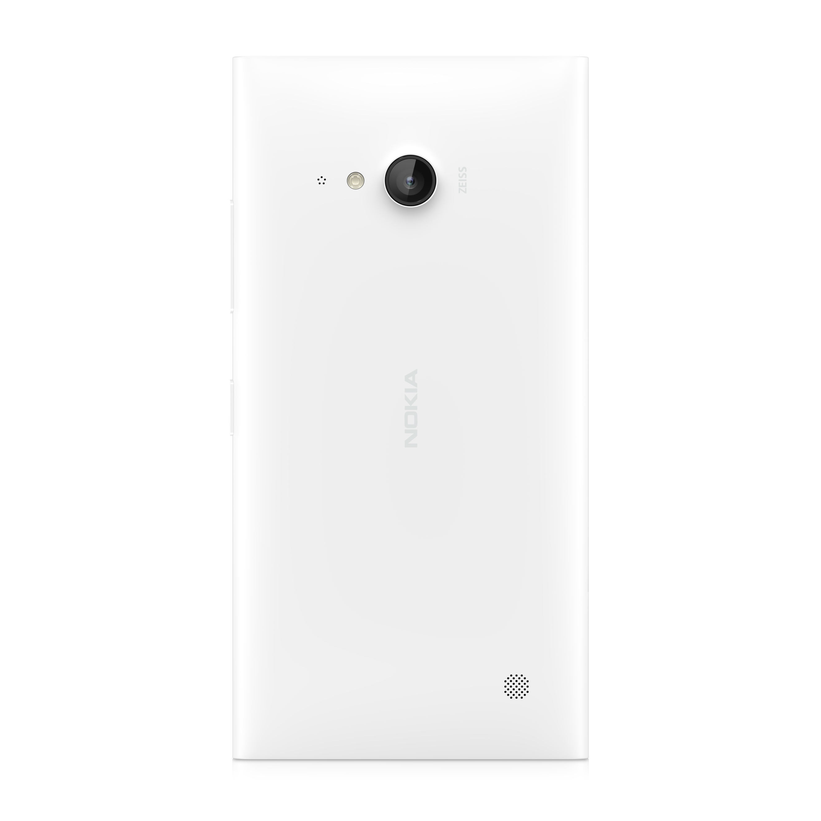 Rückseite des weißen Nokia-Telefons. Kamera und das Zeiss-Logo sichtbar. Lautsprecher unten.