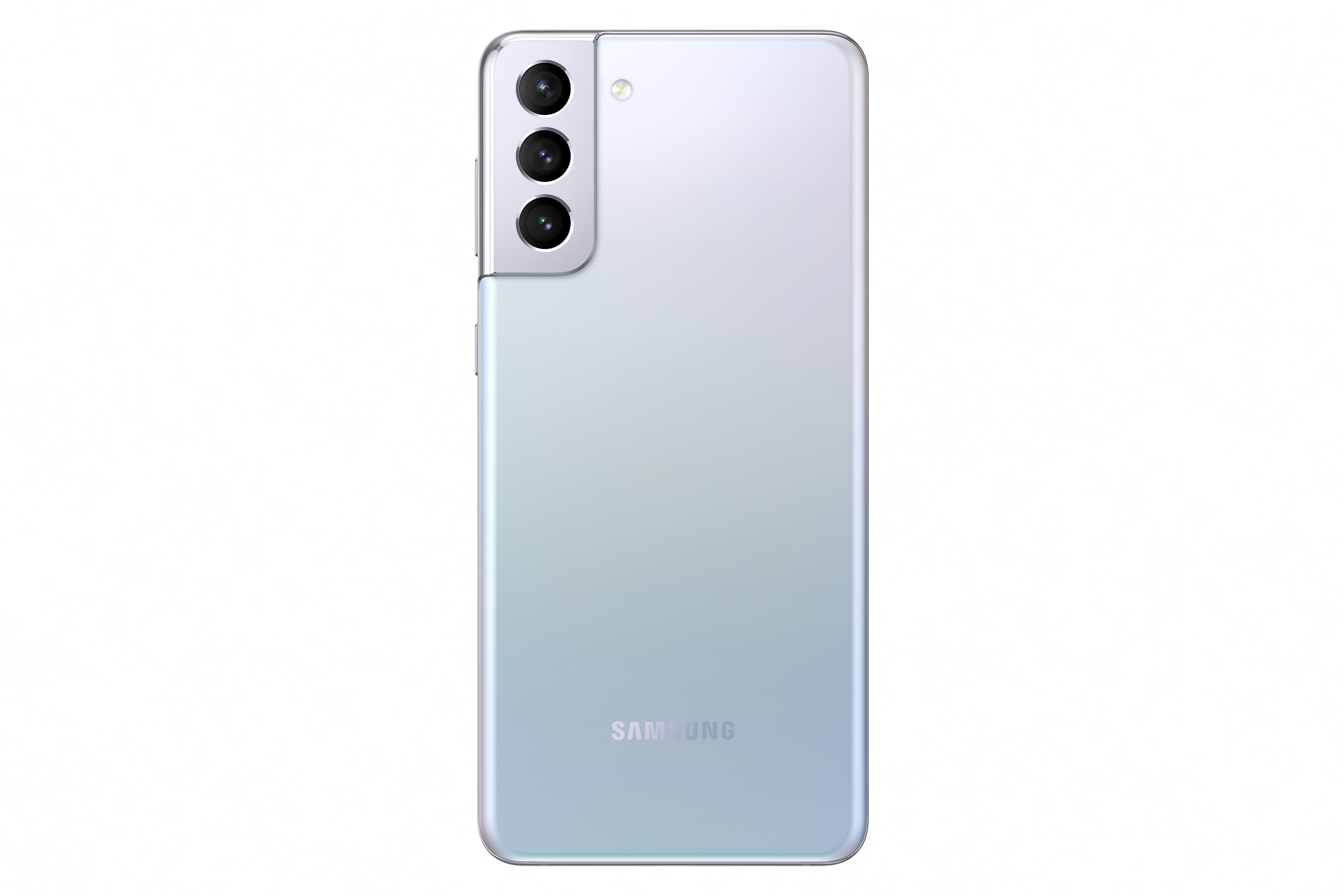 Die Rückseite eines hellblauen Samsung Galaxy S21. Es hat drei Kameras und das Samsung-Logo.