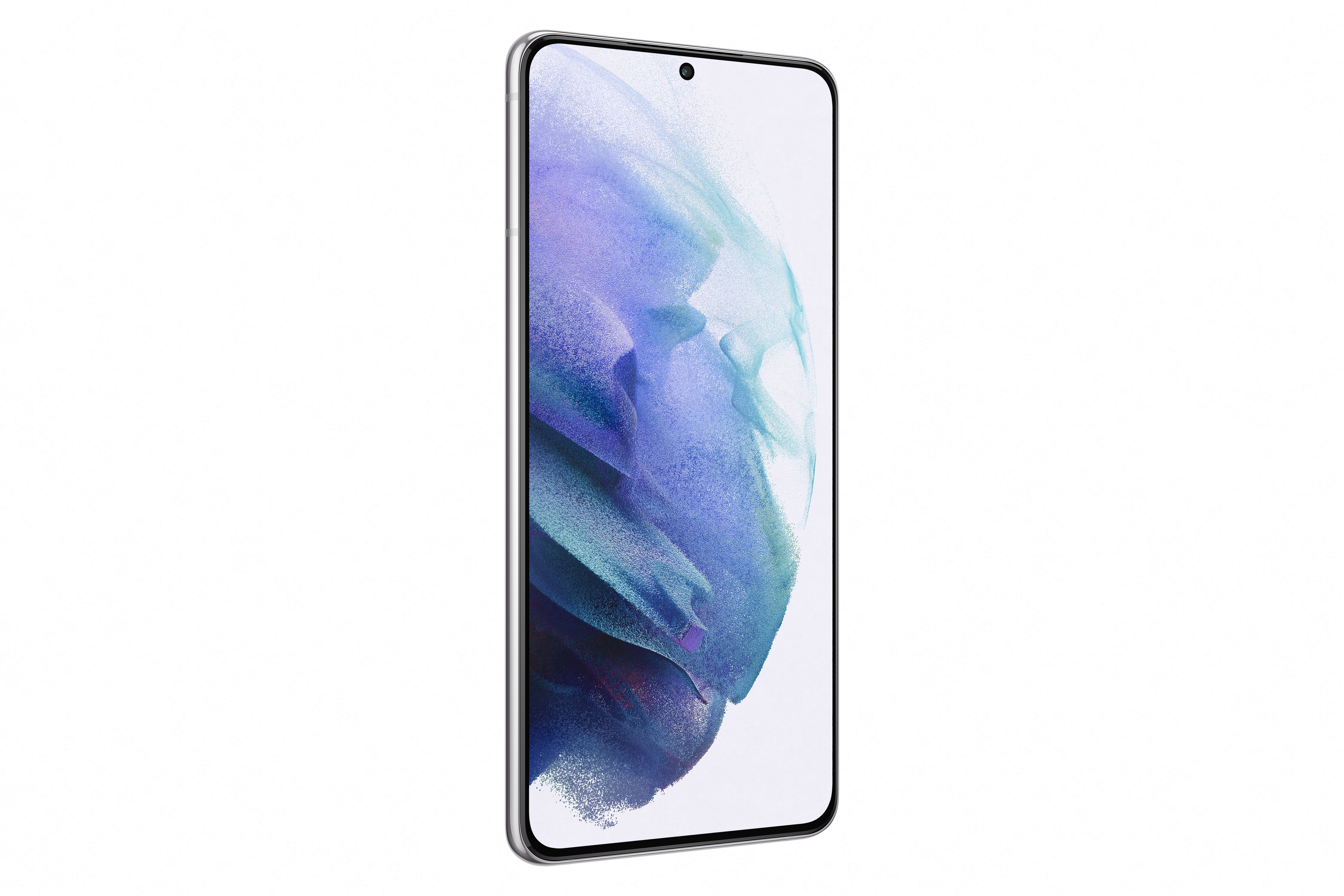 Silbernes Smartphone mit Vollbildanzeige. Minimalistisches Design auf weißem Hintergrund.