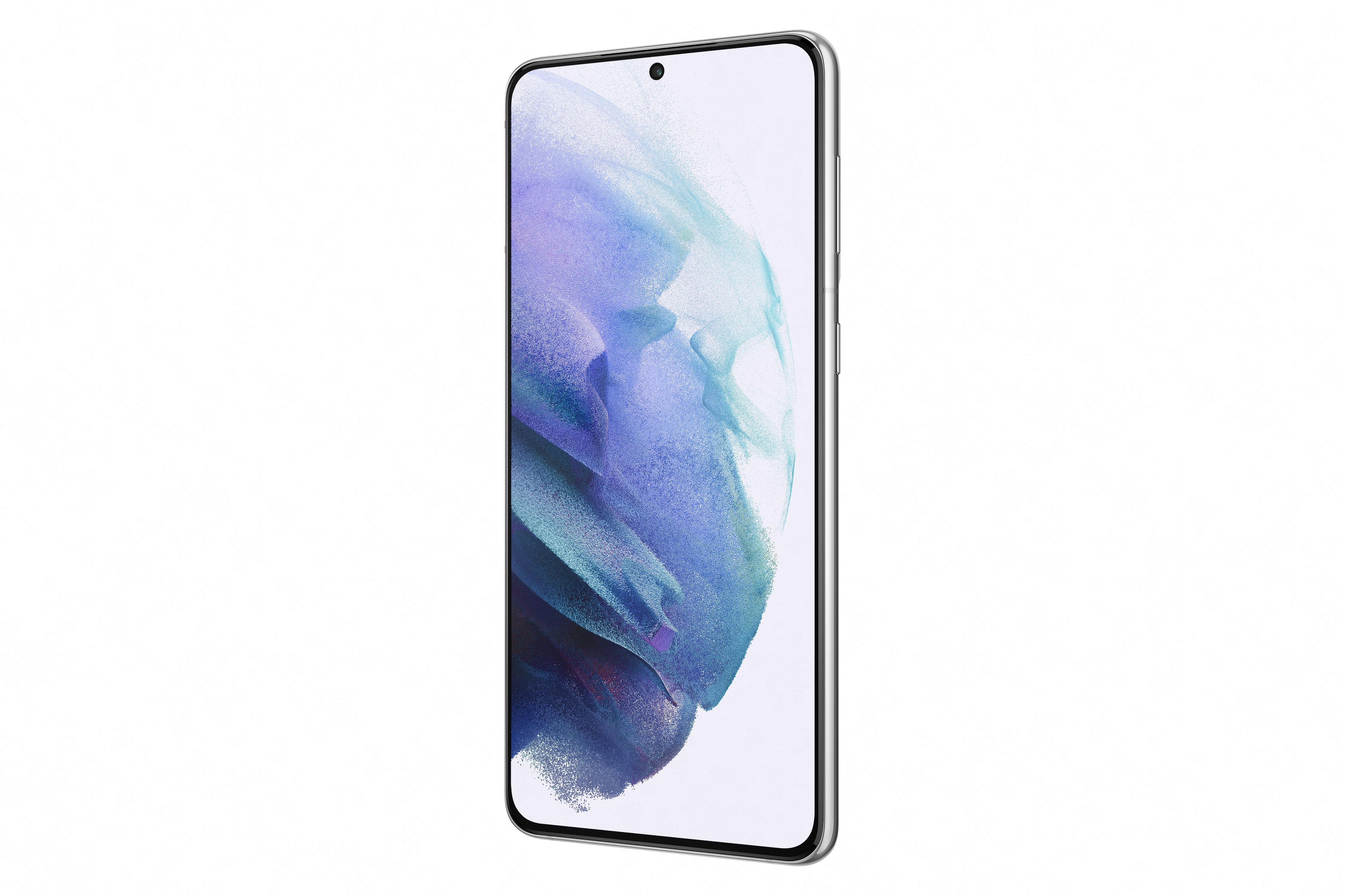 Ein silbernes Smartphone mit gebogenem Bildschirm, das ein abstraktes lila-blaues Bild auf weißem Grund zeigt.