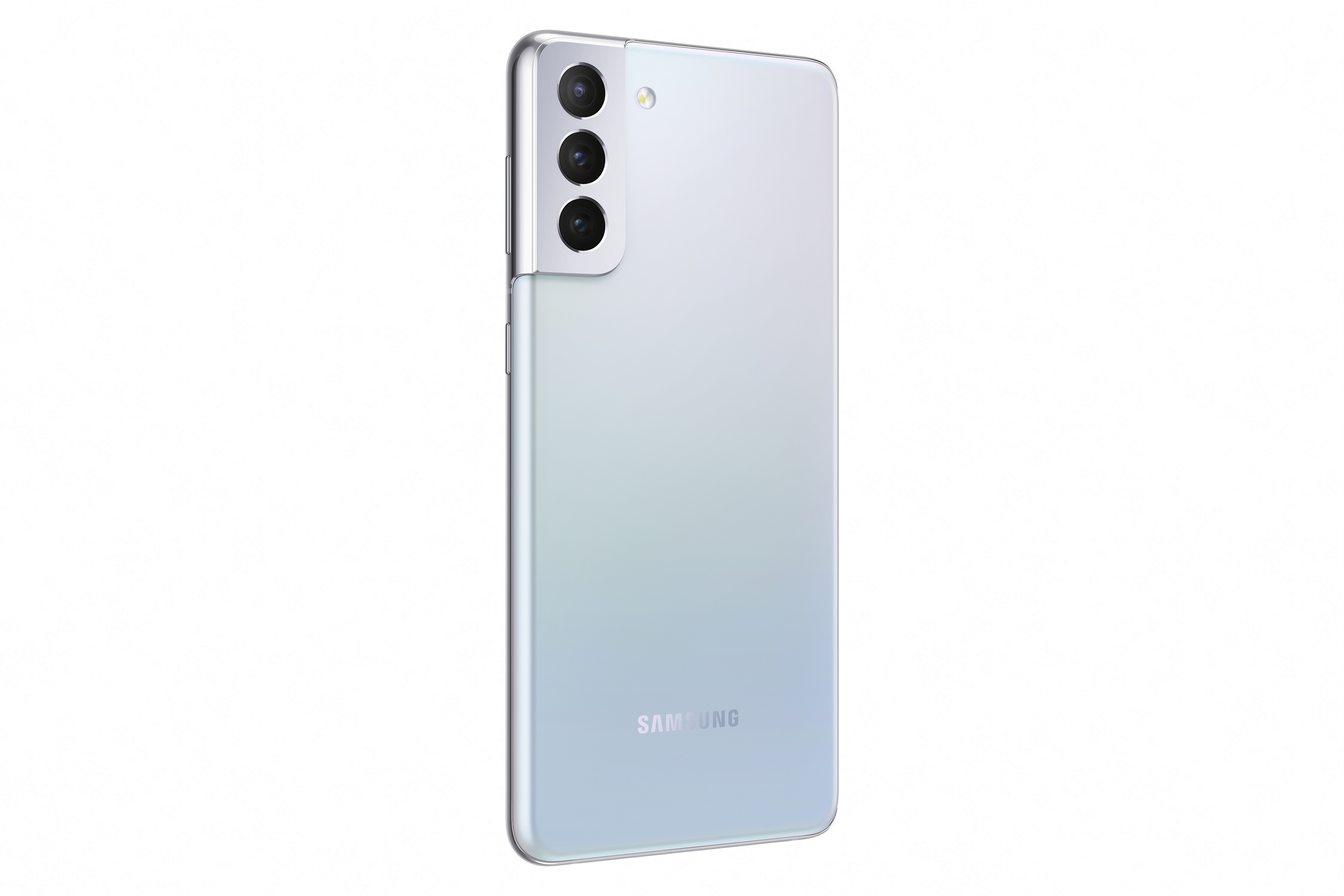 Silberne Smartphone-Rückseite mit drei Kameras. 'SAMSUNG'-Logo unten.