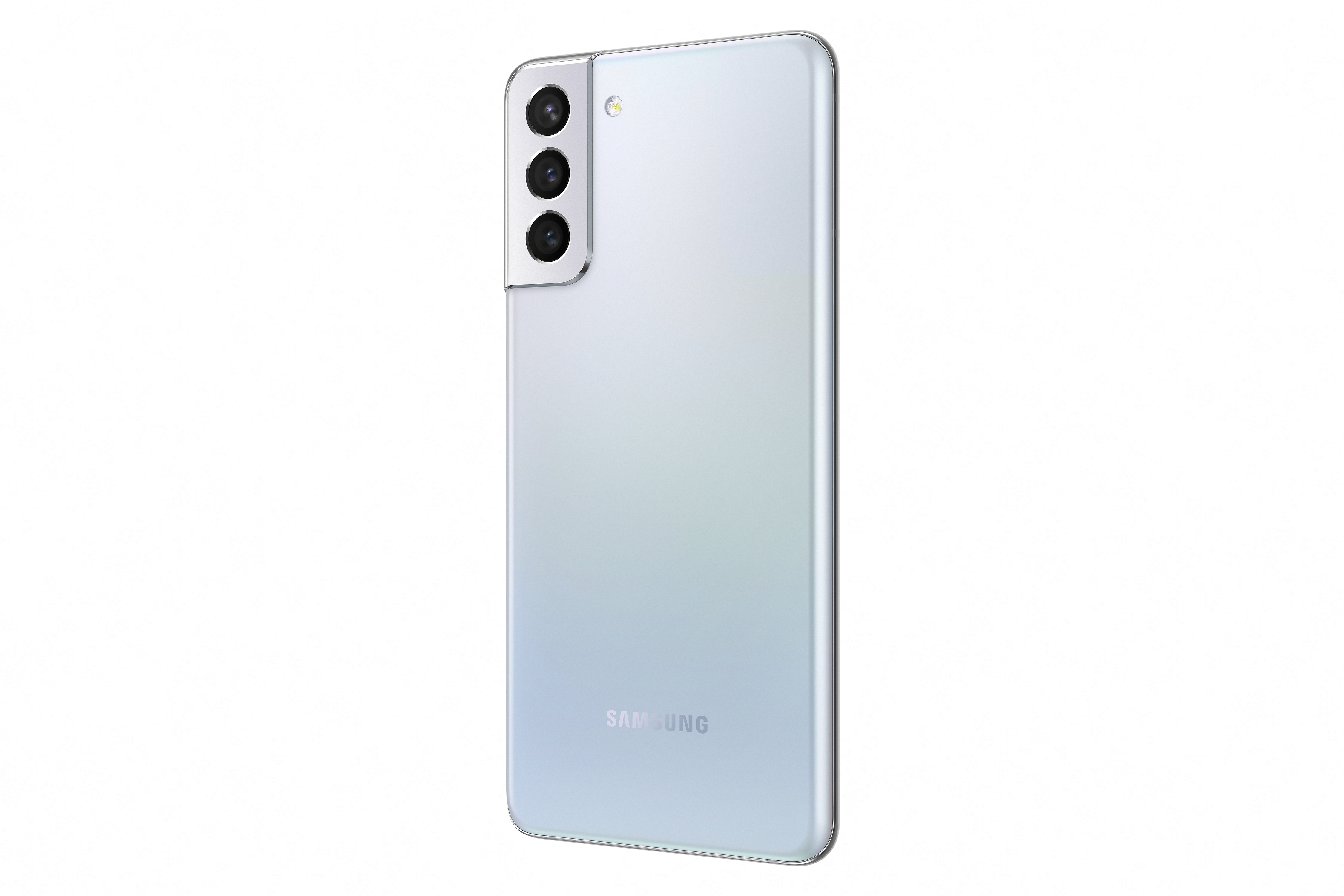 Ein hellblaues Smartphone. Die Rückseite hat drei Kameras und das Samsung-Logo ist sichtbar.