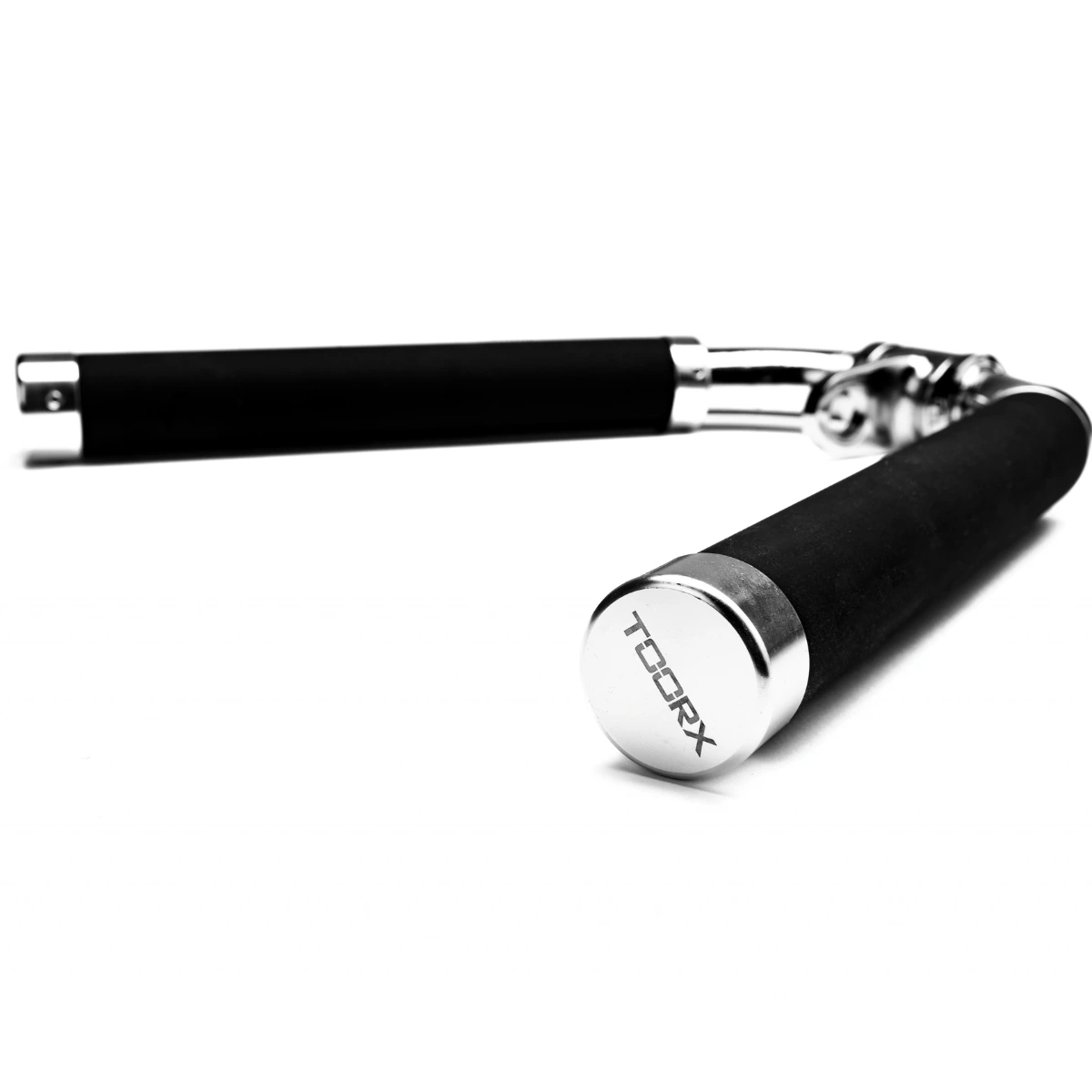 A black hand grip exerciser with silver accents on a white background.